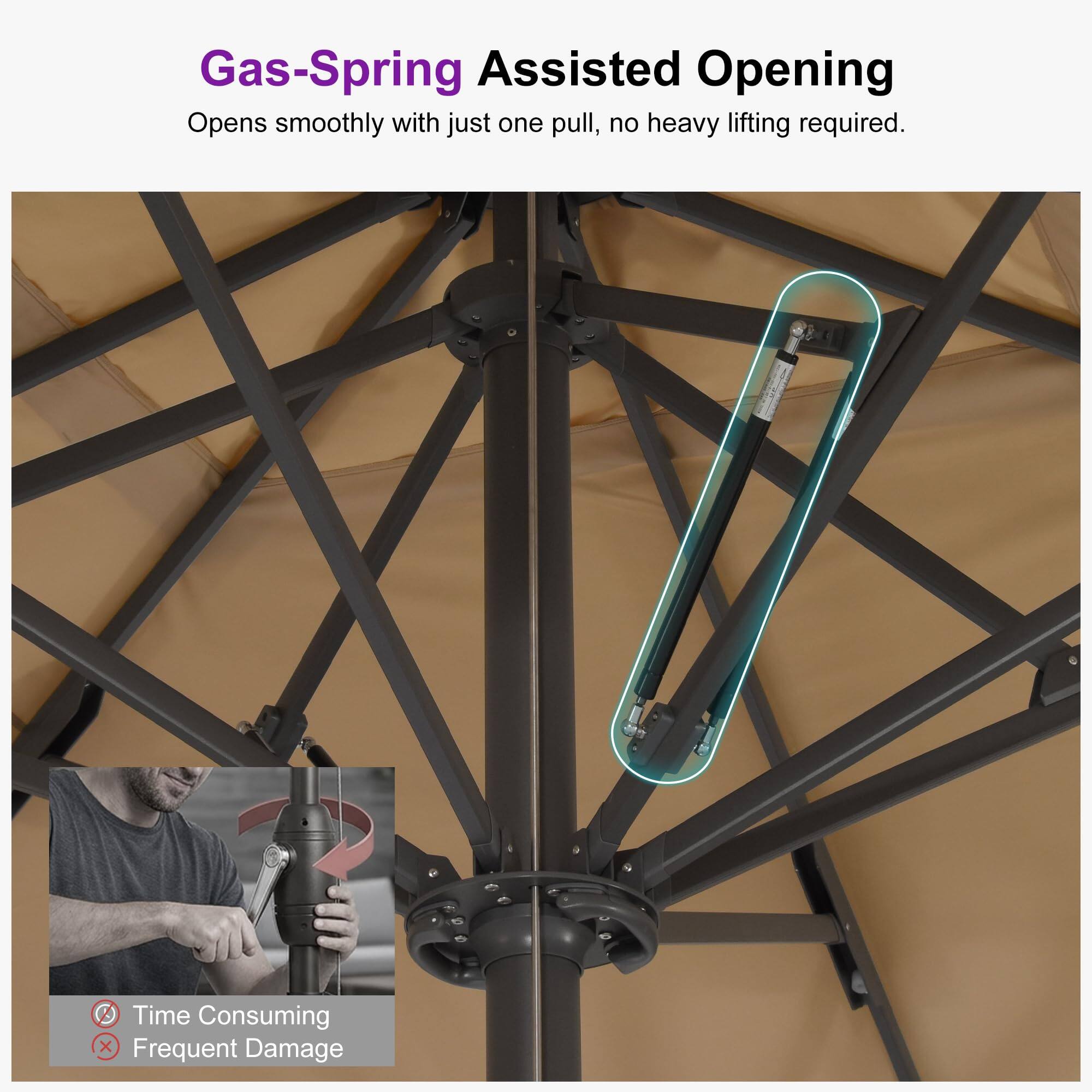 Gas-Spring Assisted Opening  
Opens smoothly with just one pull, no heavy lifting required.  
0 Time Consuming x Frequent Damage