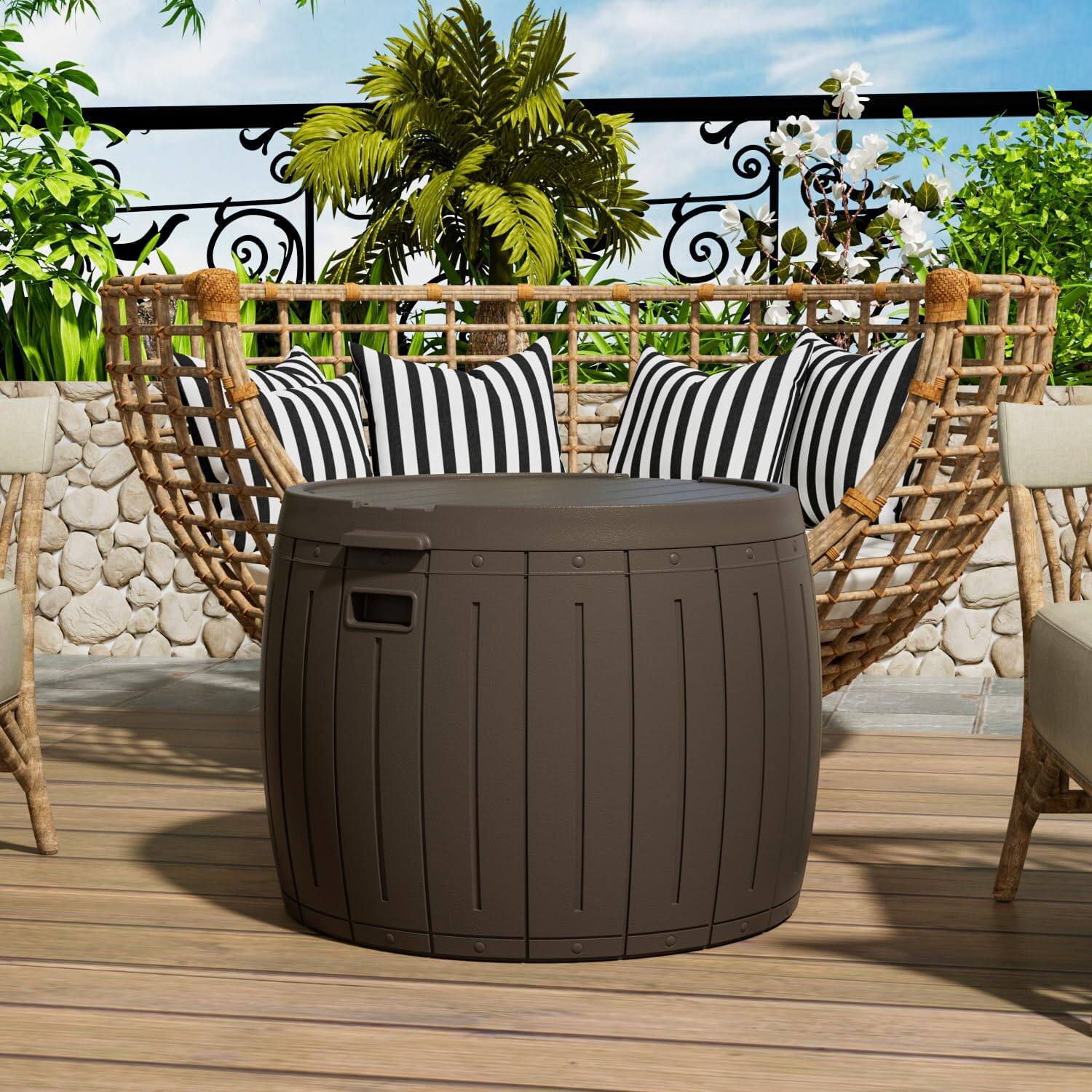 Left. Decksplore - 27 Gallon Deck Box Storage Box, Round Patio Table, Waterproof Outdoor Storage Box for Towels, Patio Furniture - Brown.