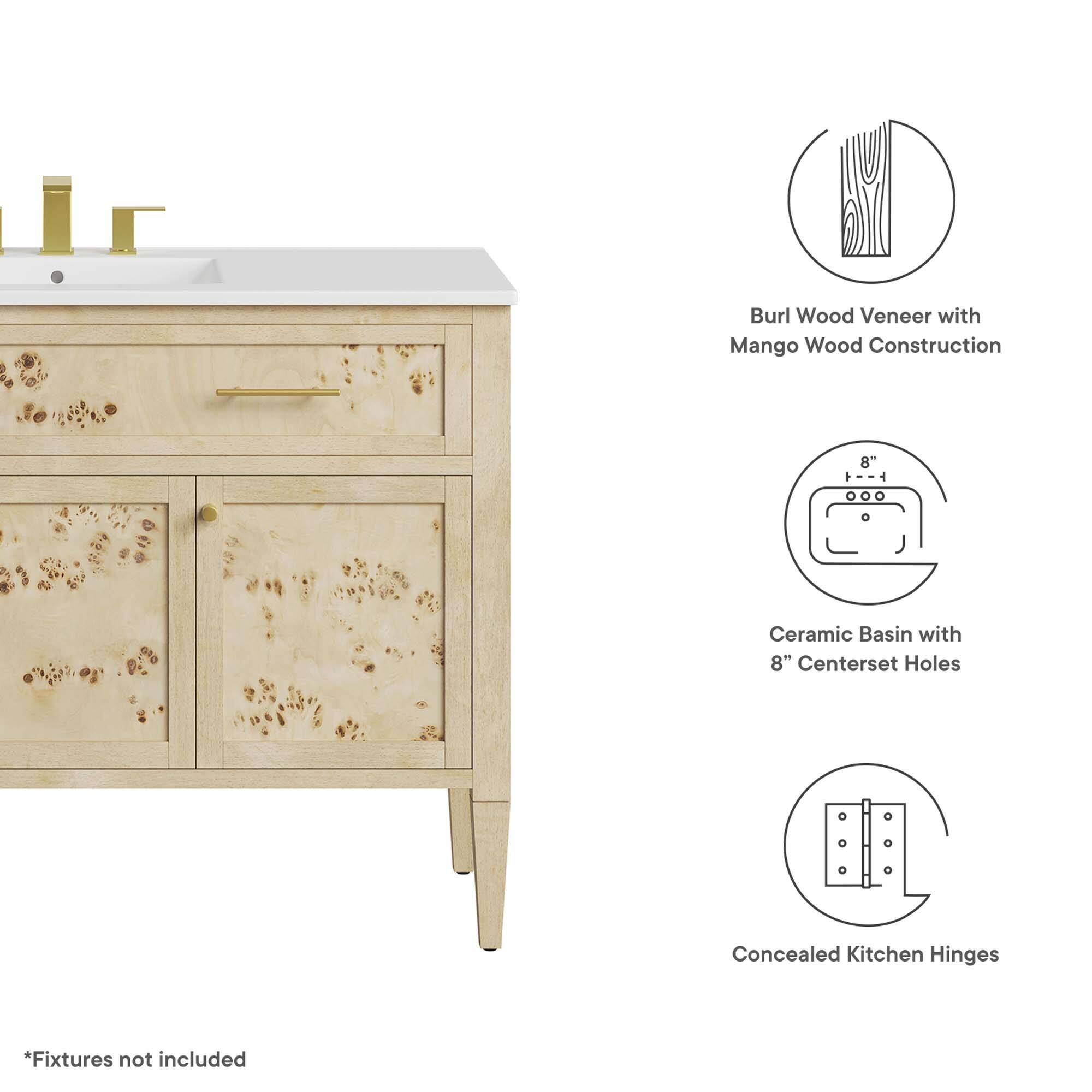 Burl Wood Veneer with Mango Wood Construction  
8" Ceramic Basin with 8" Centerset Holes  
Concealed Kitchen Hinges  
*Fixtures not included