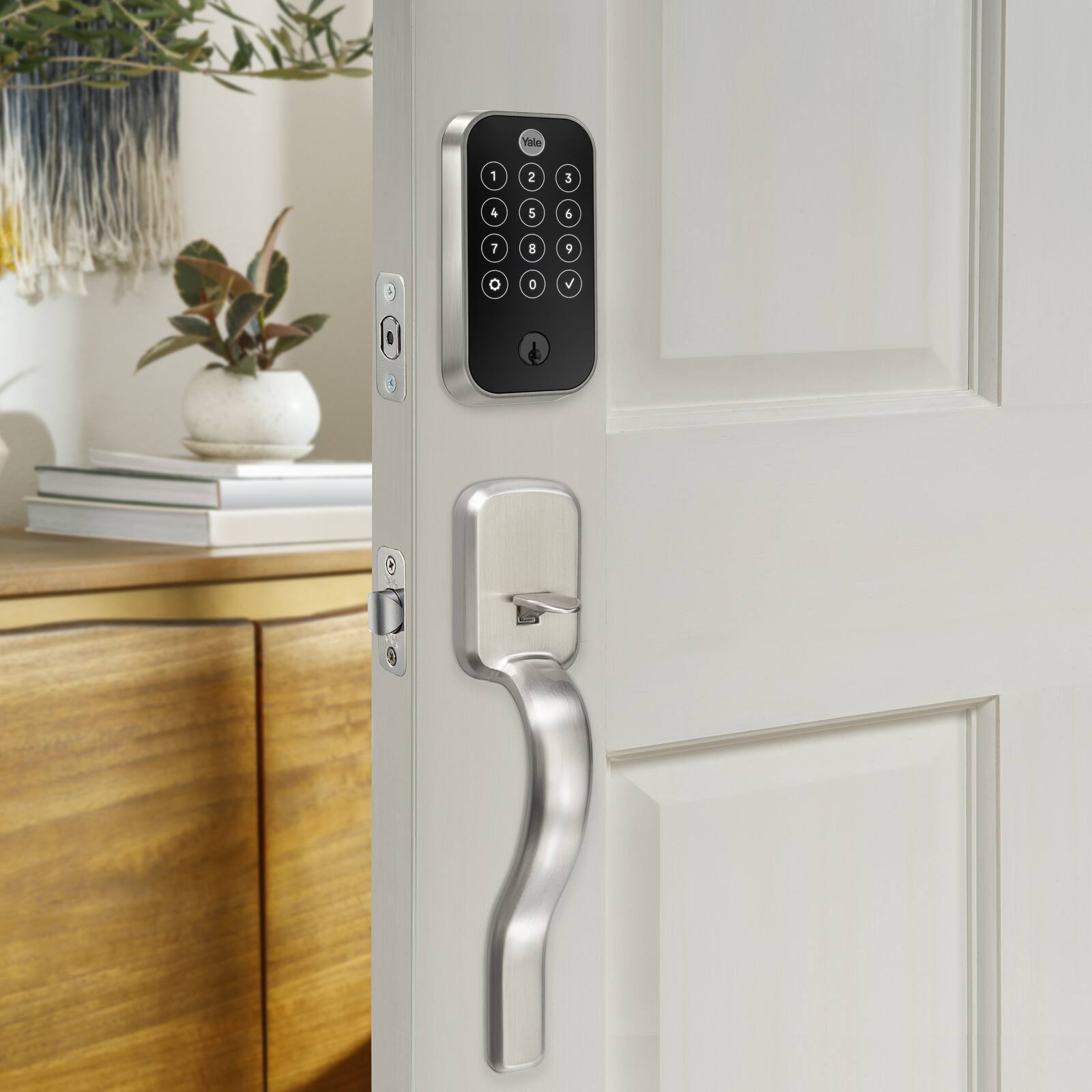 Angle. Yale - Yale Assure Lock 2 Touch with Wi-Fi and Ridgefield Handle in Satin Nickel - Satin Nickel.