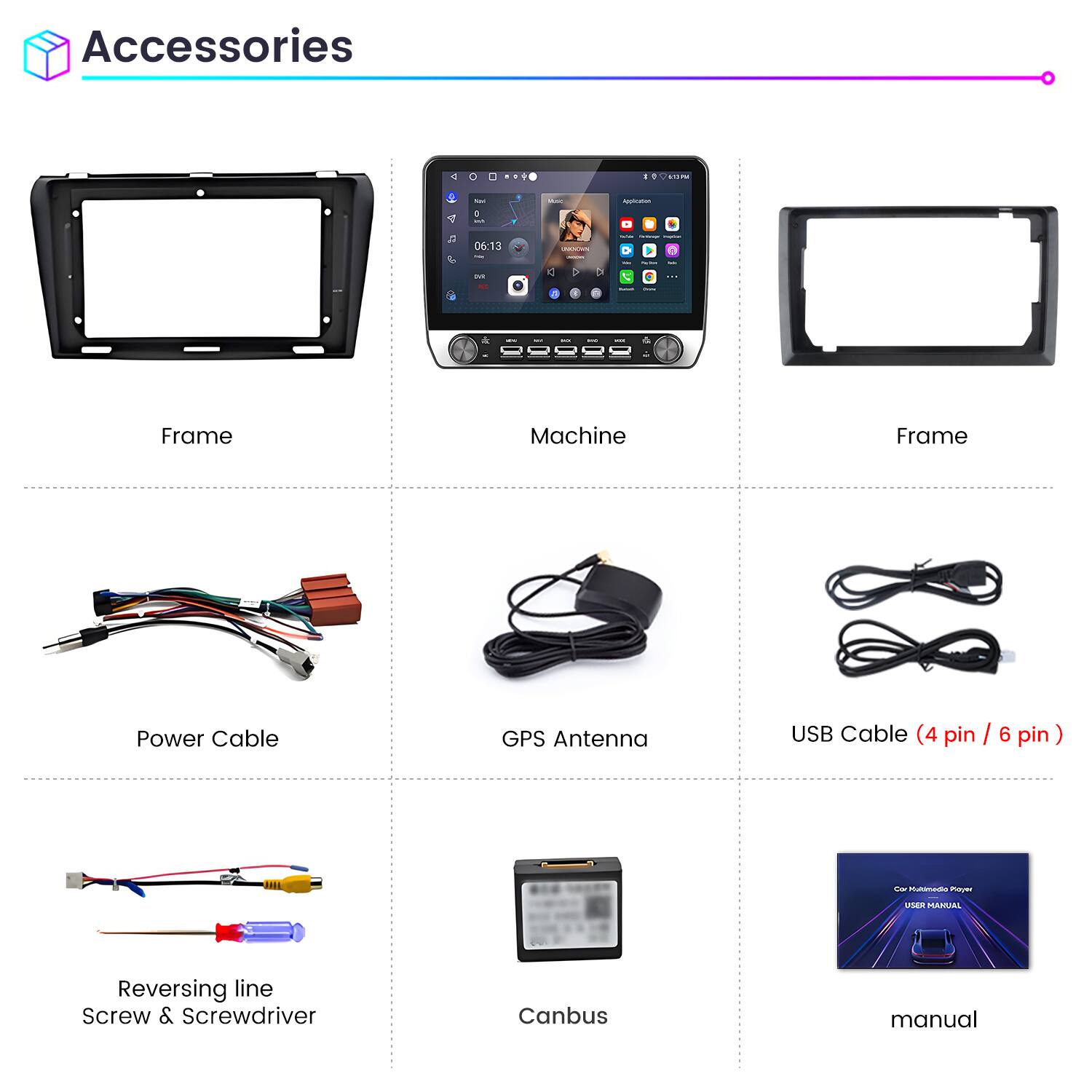 Accessories

- Frame
- Machine
- Frame
- Power Cable
- GPS Antenna
- USB Cable (4 pin / 6 pin)
- Reversing line Screw & Screwdriver
- Canbus
- Manual