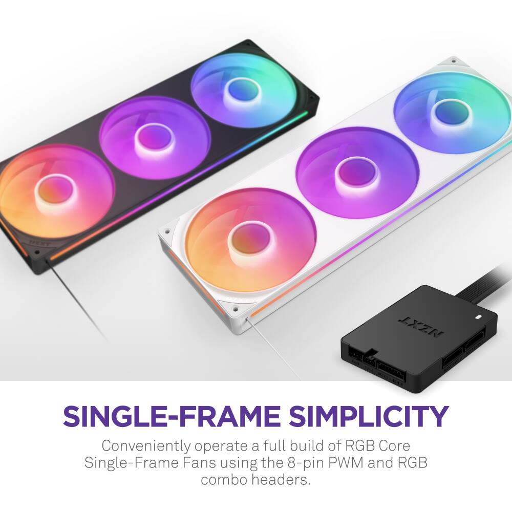 LXEN | MEXT SINGLE-FRAME SIMPLICITY Conveniently operate a full build of RGB Core Single-Frame Fans using the 8-pin PWM and RGB combo headers.