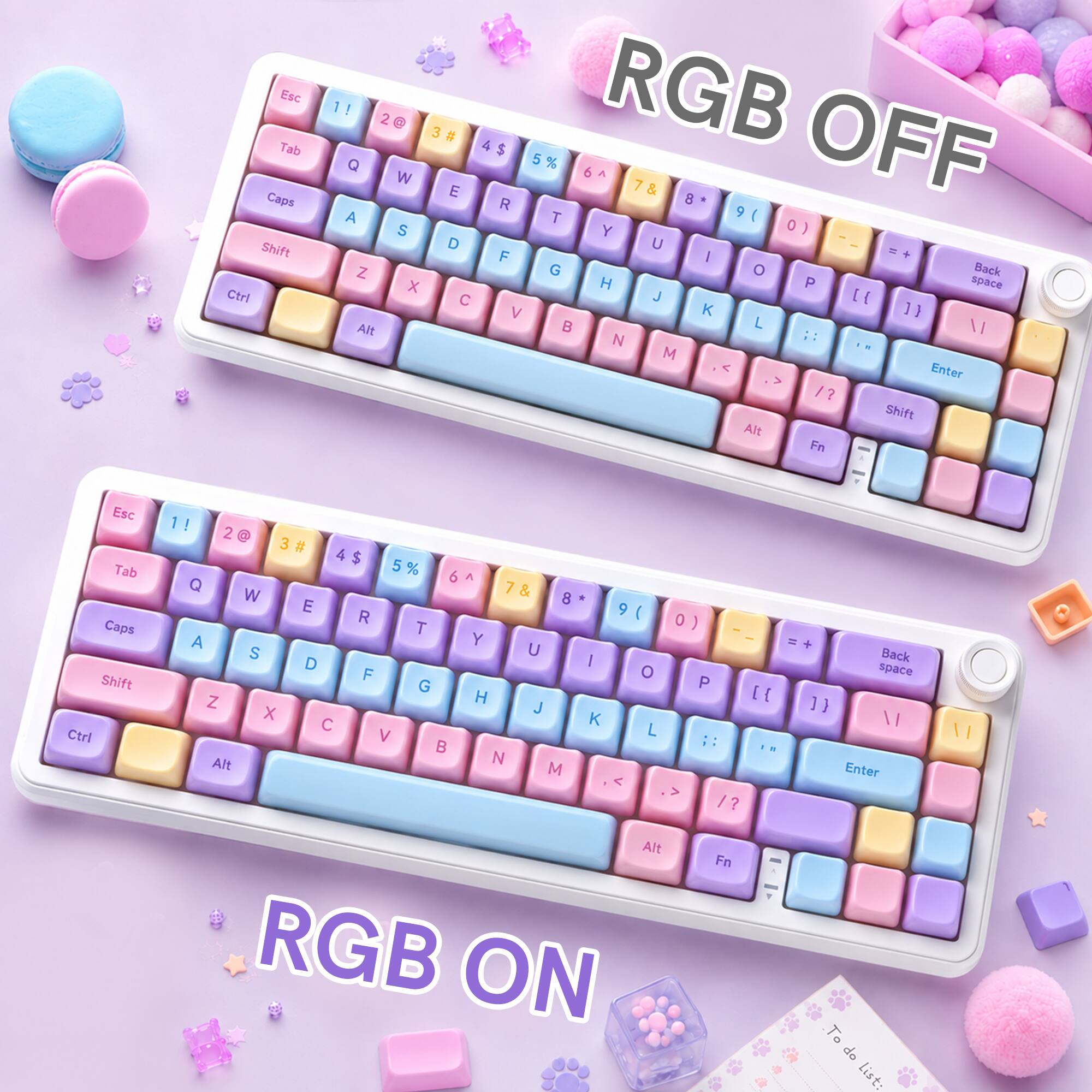 Esc Tab Caps Shift Ctrl  
1! 2@ 3# 4$ 5% Q 6^ W 7& 8* 9( 0) - = + Back space  
A S D F G H J K L : " Enter  
Z X C V B N M , < > ? Shift Alt Fn  

RGB OFF  

Esc Tab Caps Shift Ctrl  
1! 2@ 3# 4$ 5% Q 6^ W 7& 8* 9( 0) - = + Back space  
A S D F G H J K L : " Enter  
Z X C V B N M , < > ? Shift Alt Fn  

RGB ON
