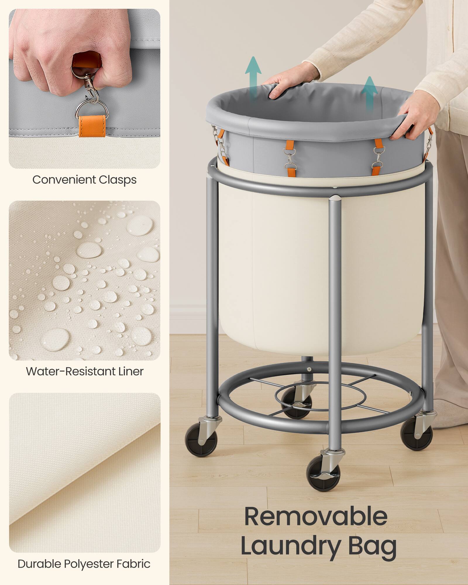 Convenient Clasps  
Water-Resistant Liner  
Durable Polyester Fabric  
Removable Laundry Bag
