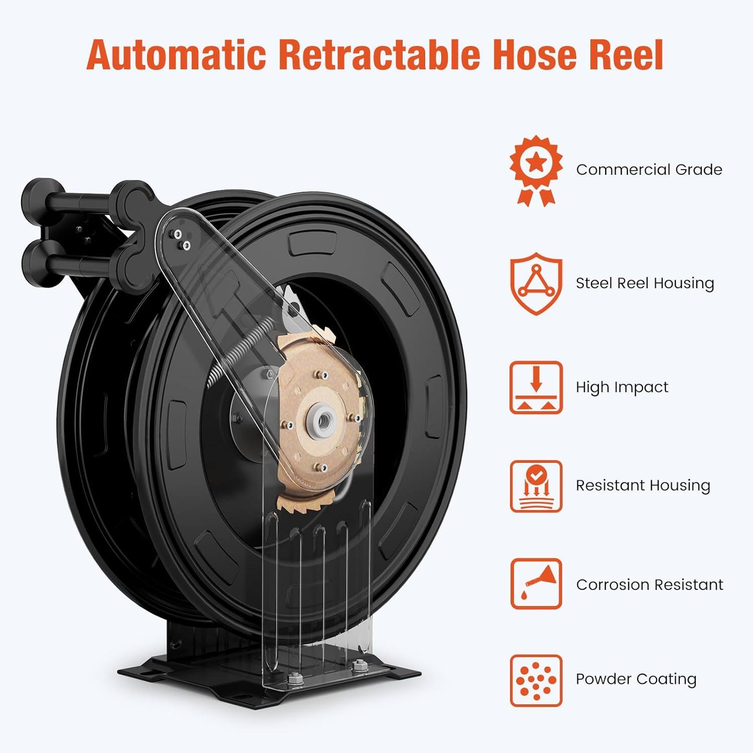 Automatic Retractable Hose Reel

- Commercial Grade
- Steel Reel Housing
- High Impact Resistant Housing
- Corrosion Resistant Powder Coating