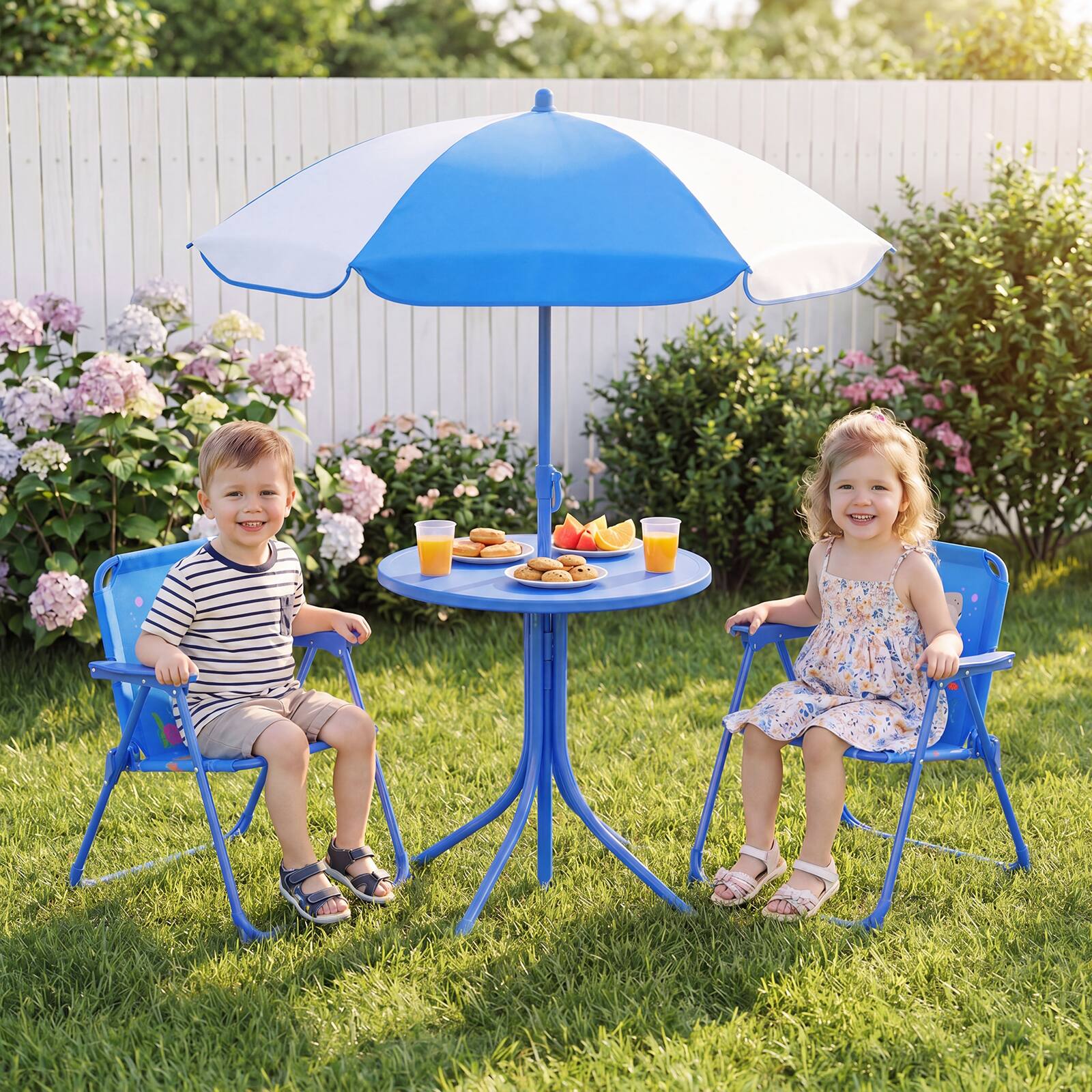 Alt View 3. Gymax - Gymax Kids Picnic Table Outdoor Table&Chair Set 2 Folding Chairs&Adjustable Umbrella Navy Blue - Blue.