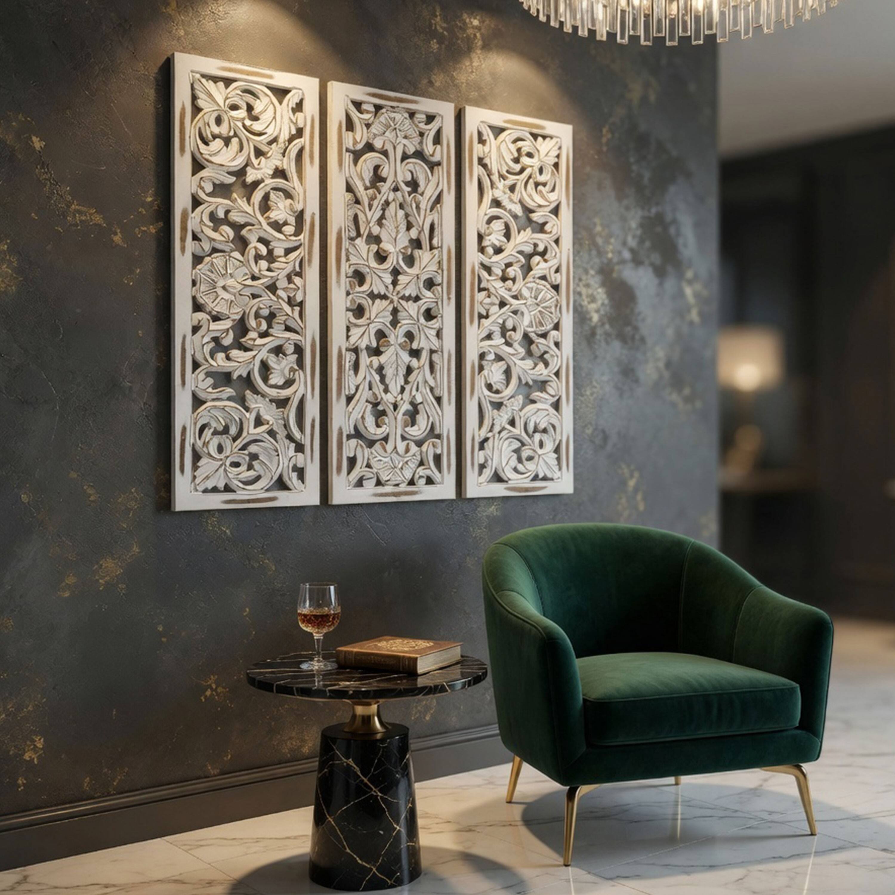 Alt View 7. Manhattan Lane - Leva 3pc Wood Wall Decor Set, Moroccan Floral Carving, Antique White Finish, 36 Inch Square - Antique White.