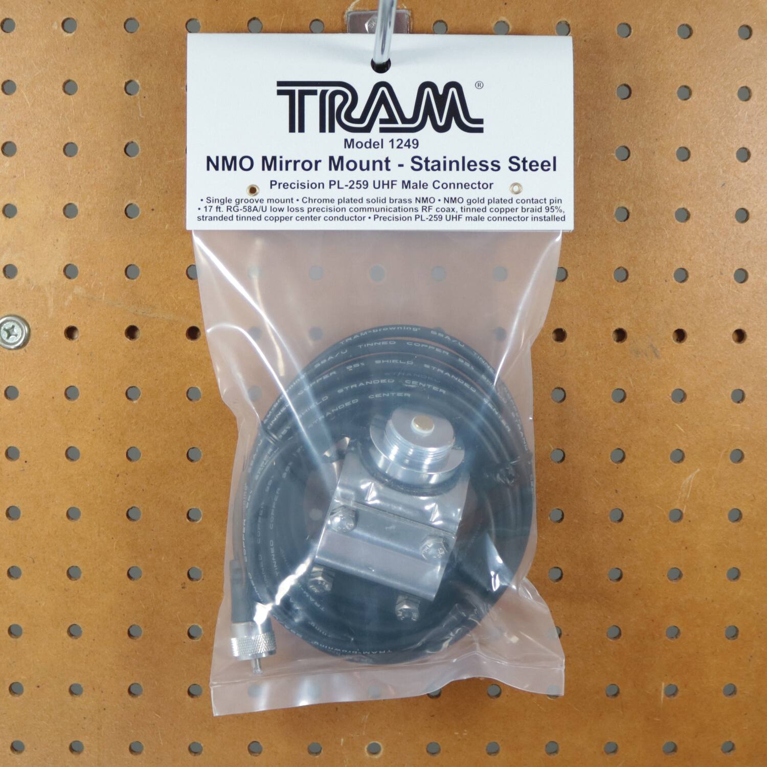 TRAM  
Model 1249  
NMO Mirror Mount - Stainless Steel  
Precision PL-259 UHF Male Connector  

- Single groove mount - Chrome plated solid brass NMO - NMO gold plated contact pin  
- 17 ft. RG-58A/U low loss precision communications RF coax - tinned copper braid 95% - tinned copper center conductor - Precision PL-259 UHF male connector installed