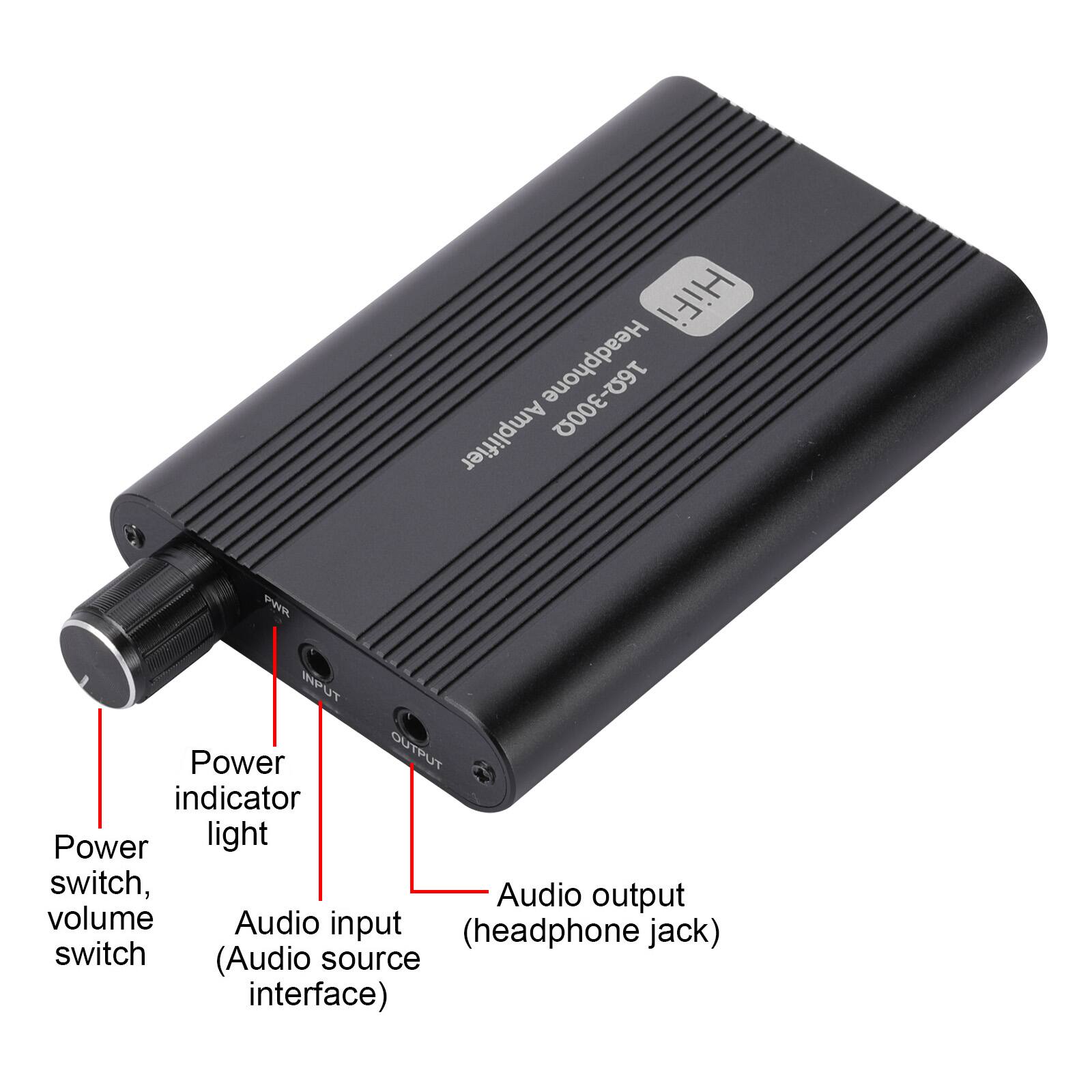 HiH Headphone Amplifier  
16-3000  
Power switch, volume switch  
Power indicator light  
Audio input (Audio source interface)  
Audio output (headphone jack)