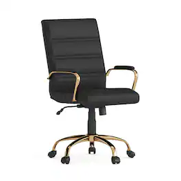 Emma + Oliver - Mid-Back Executive Swivel Office Chair with Metal Frame and Arms - Black LeatherSoft/Gold Frame