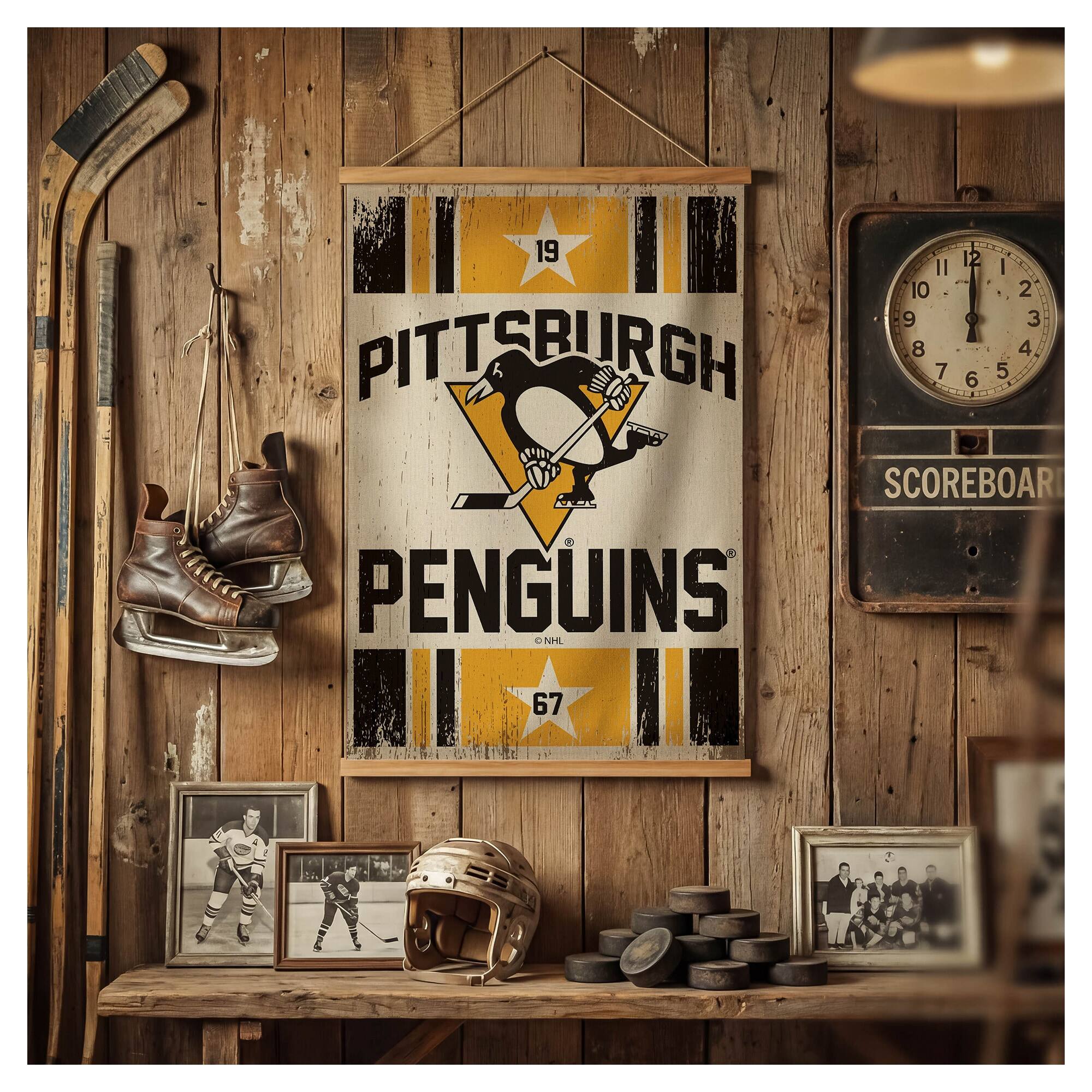 19 12 II I 10 2 9 3 PITTSBURGH 8 4 7 5 6 SCOREBOARD PENGUINS 67