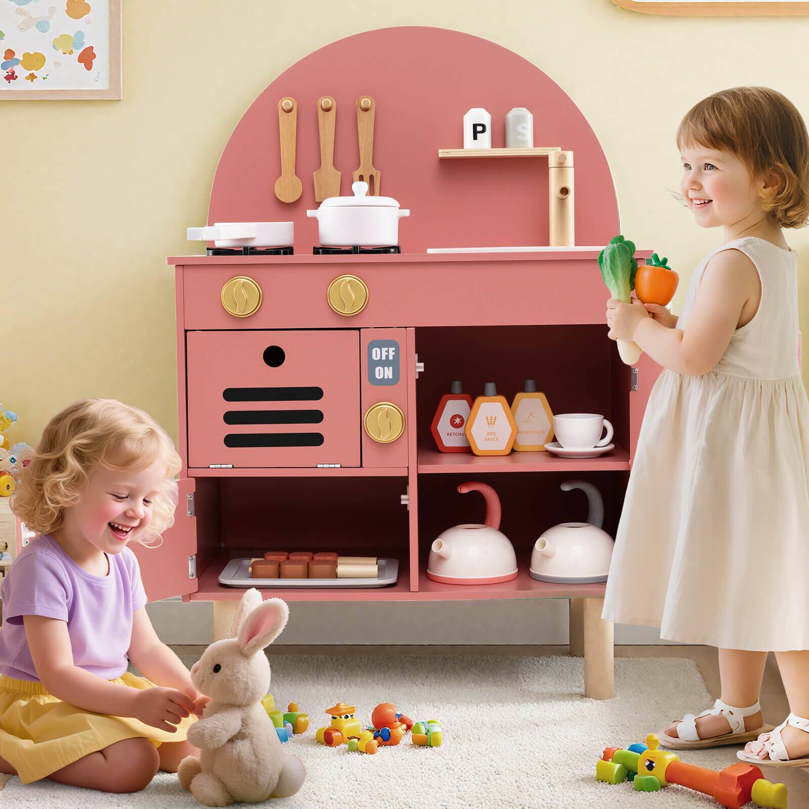 Alt View 4. Costway - Costway Play Kitchen for Kids with Stoves Faucet Sink Microwave Oven Cooking Accessories - Pink.