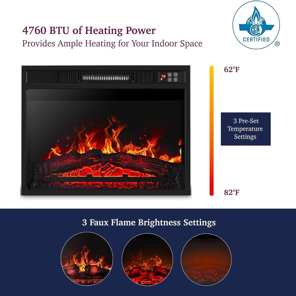 4760 BTU of Heating Power Provides Ample Heating for Your Indoor Space

SA CERTIFIED

62°F

3 Pre-Set Temperature Settings

82°F

3 Faux Flame Brightness Settings