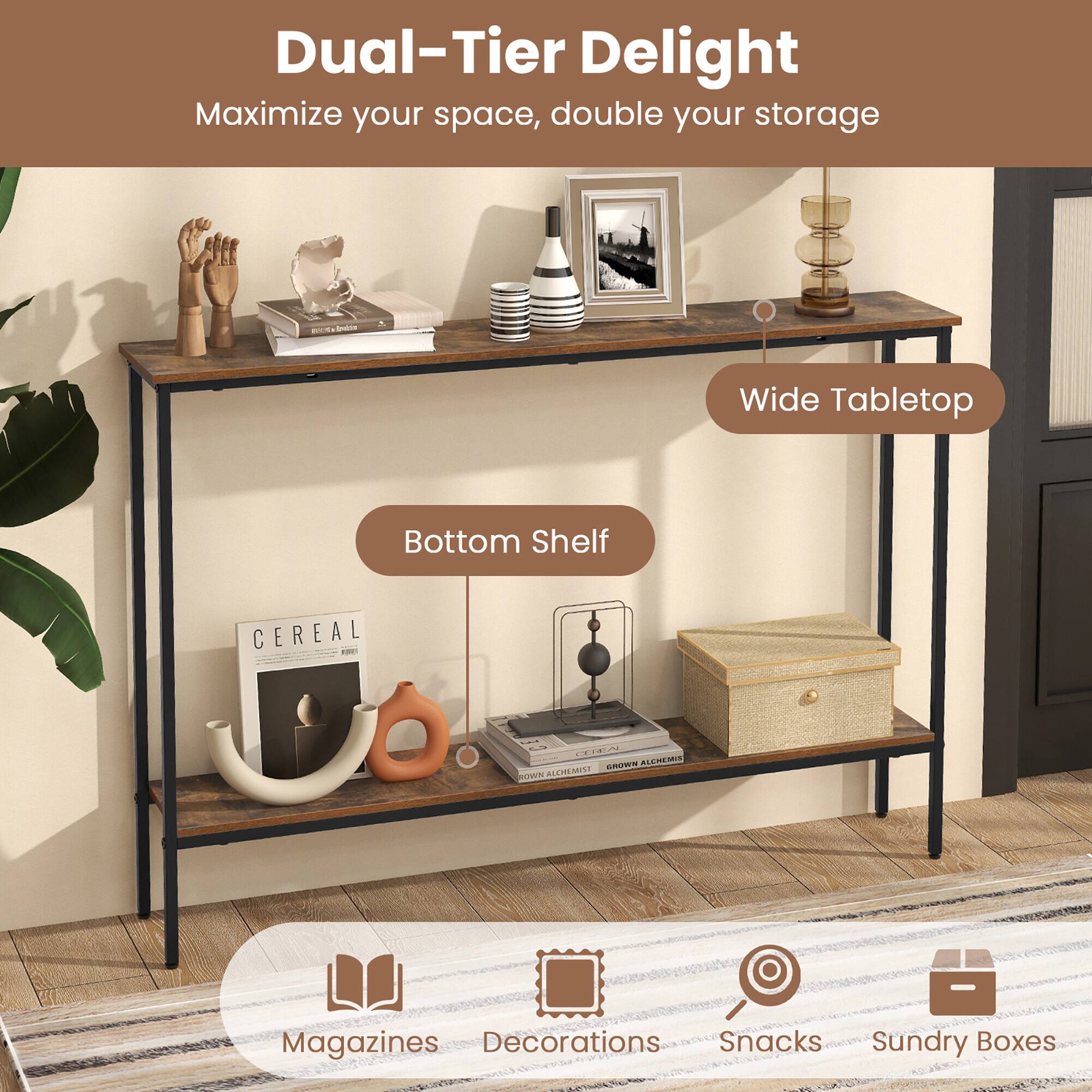 Dual-Tier Delight  
Maximize your space, double your storage  

Wide Tabletop  
Bottom Shelf  

Magazines  
Decorations  
Snacks  
Sundry Boxes