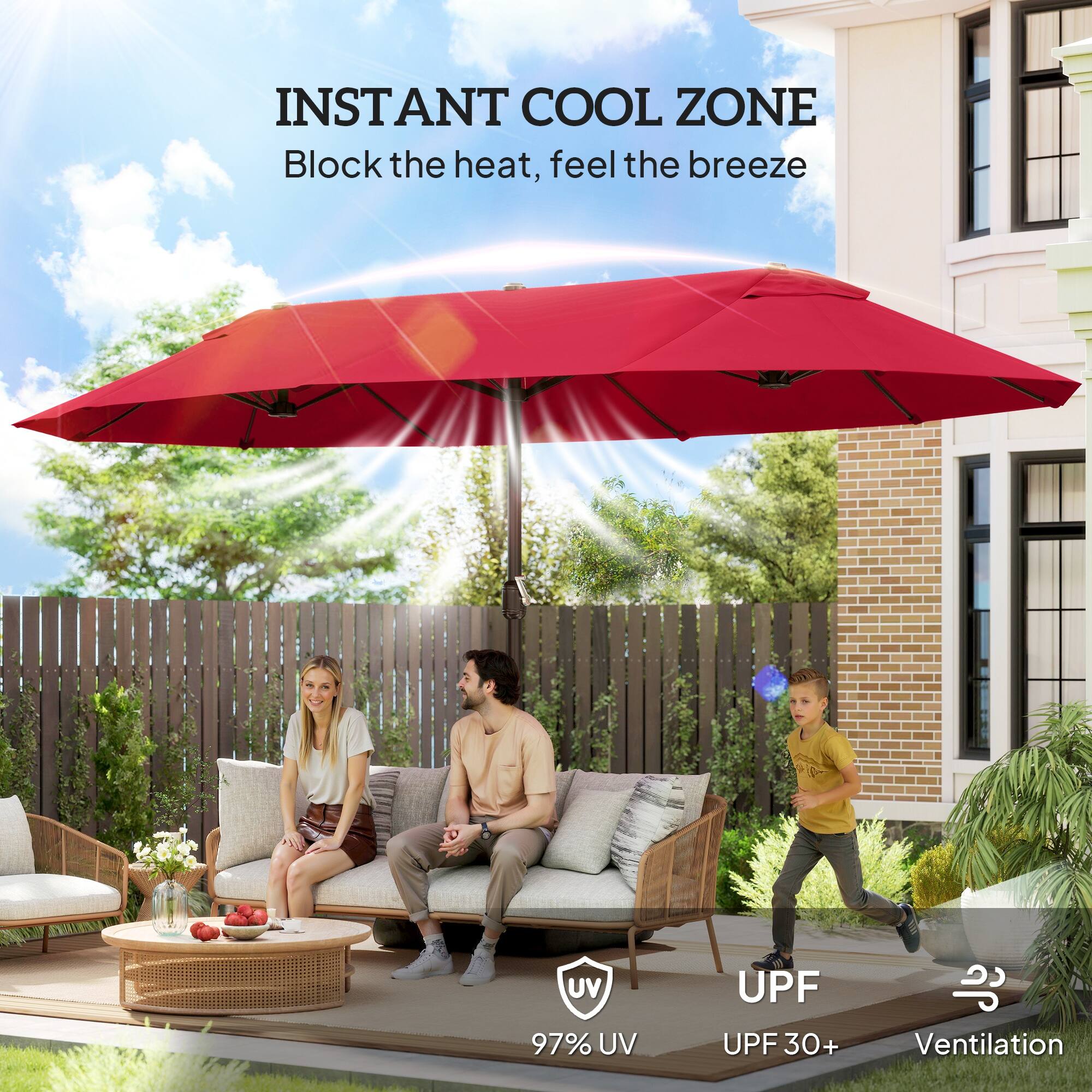 INSTANT COOL ZONE  
Block the heat, feel the breeze  

97% UV  
UPF 30+  
Ventilation