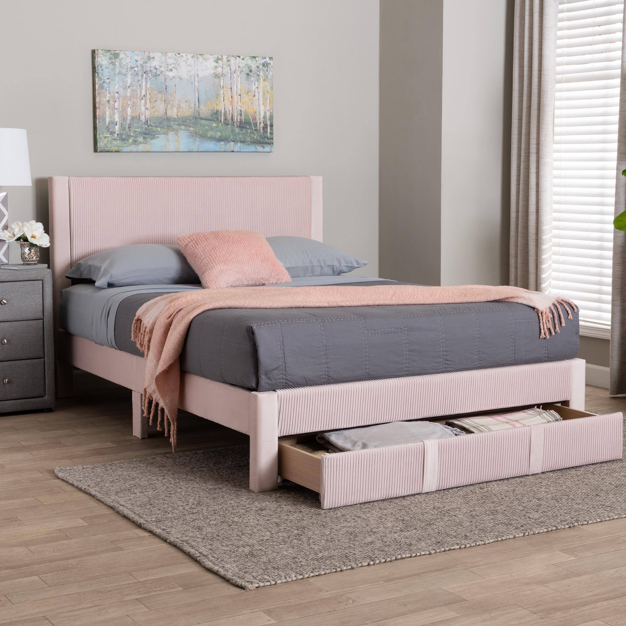 Alt View 6. Baxton Studio - Elora Modern Pleated Velvet Queen Size Storage Bed - Light Pink.