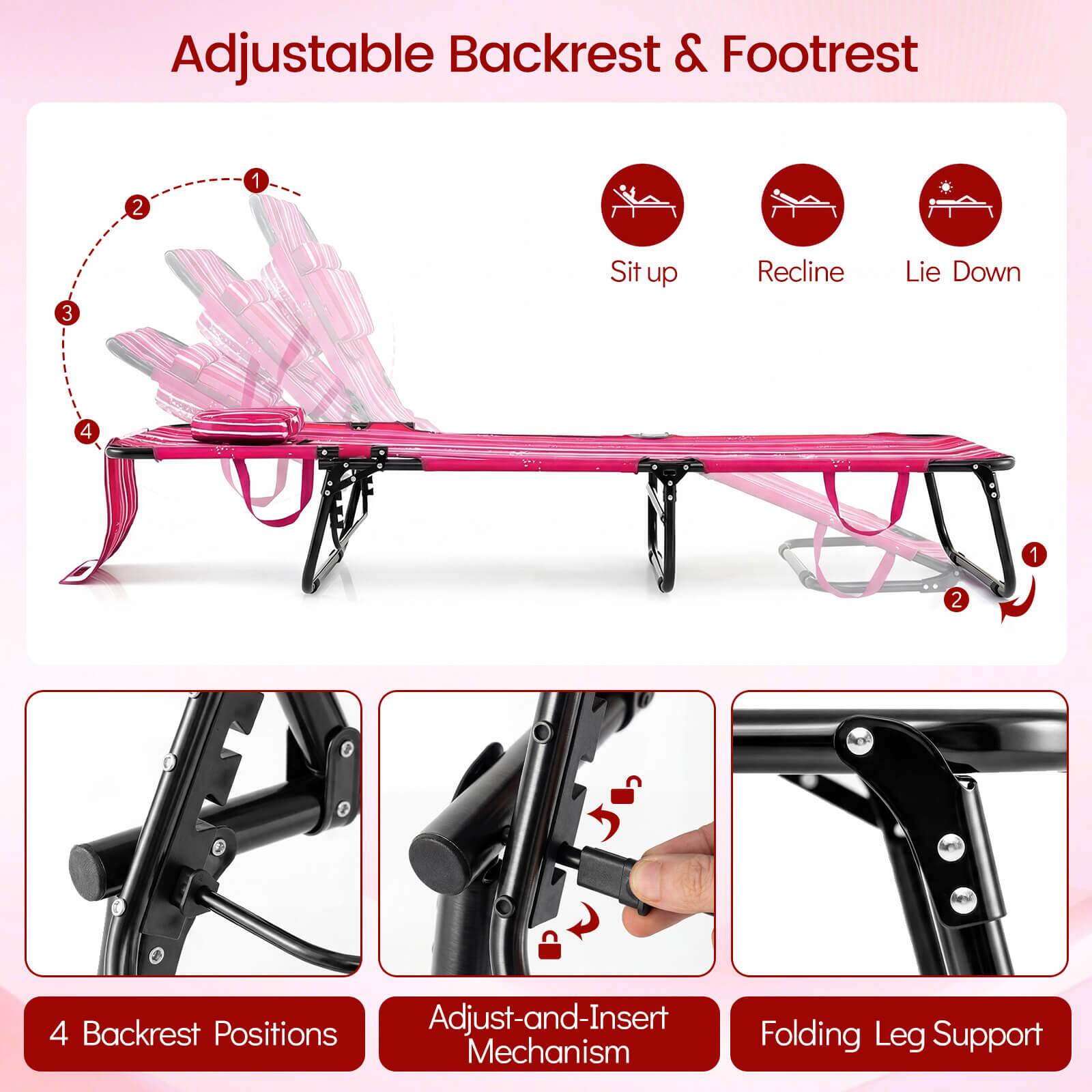 Adjustable Backrest & Footrest

1. Sit up
2. Recline
3. Lie Down

4 Backrest Positions

Adjust-and-Insert Folding Mechanism

Folding Leg Support