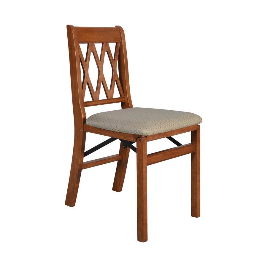Angle. Stakmore - Stakmore Classic Lattice Back Folding Chair, Cherry Frame with Blush Fabric (Set of 2) - Cherry Finish.