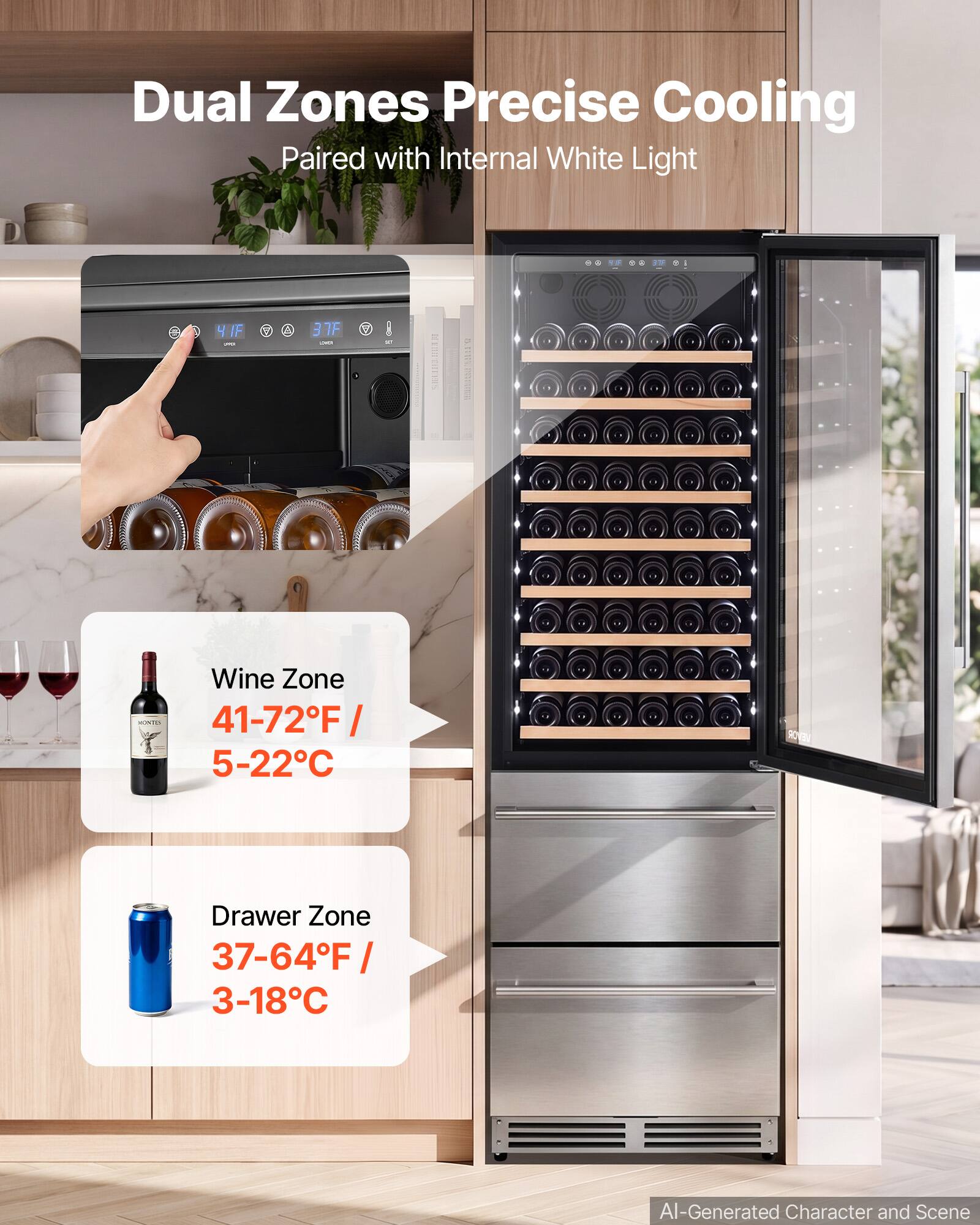 Dual Zones Precise Cooling Paired with Internal White Light

Wine Zone 41-72°F / 5-22°C

Drawer Zone 37-64°F / 3-18°C

AI-Generated Character and Scene
