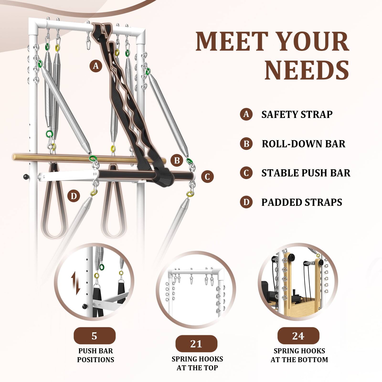 MEET YOUR NEEDS
A SAFETY STRAP
B ROLL-DOWN BAR
C STABLE PUSH BAR
D PADDED STRAPS
5 PUSH BAR POSITIONS
21 SPRING HOOKS AT THE TOP
24 SPRING HOOKS AT THE BOTTOM