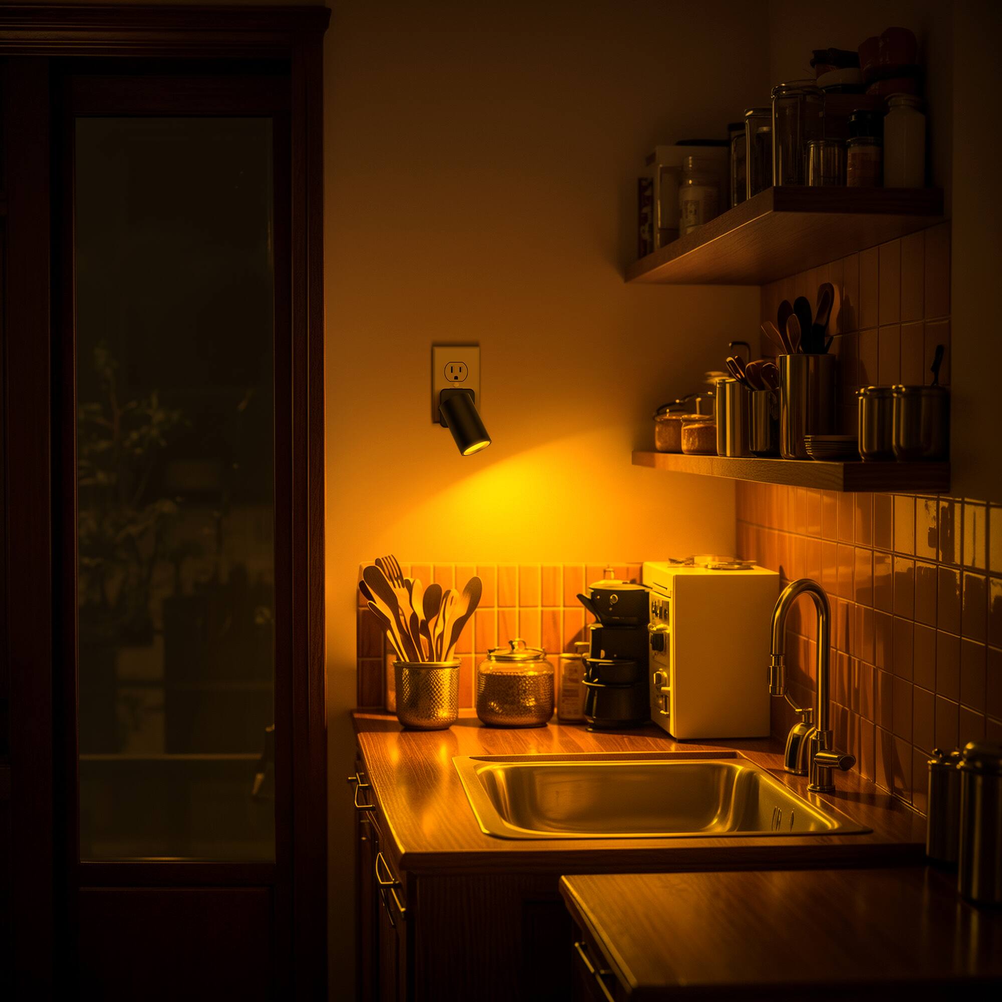 Left. Jandcase - JANDCASE 2-Pack 1W  Plug-in Night Light, Amber Glow, Rotatable Round Cylinder Design, Slide Dimmer, US 3-Prong Plug - Black.
