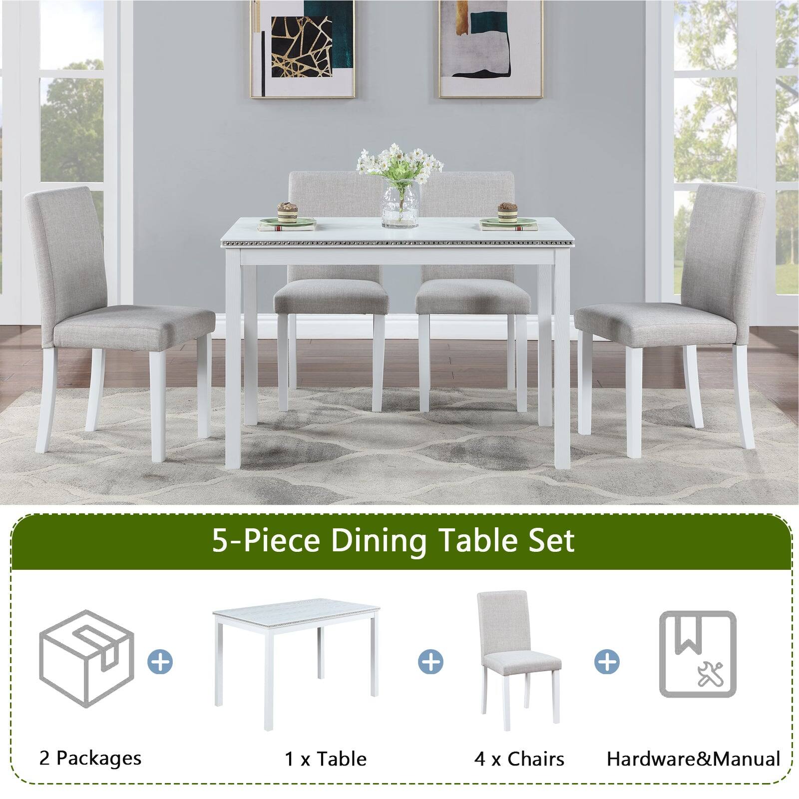 5-Piece Dining Table Set

2 Packages
1 x Table
4 x Chairs
Hardware & Manual