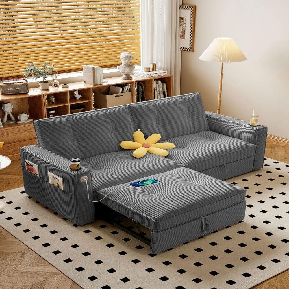 Resenkos - 2-in-1 Multi-Functional Sofa Bed for Sitting & Sleeping, Modern Corduroy Fabric Sofa for Living Room, Gray - Gray
