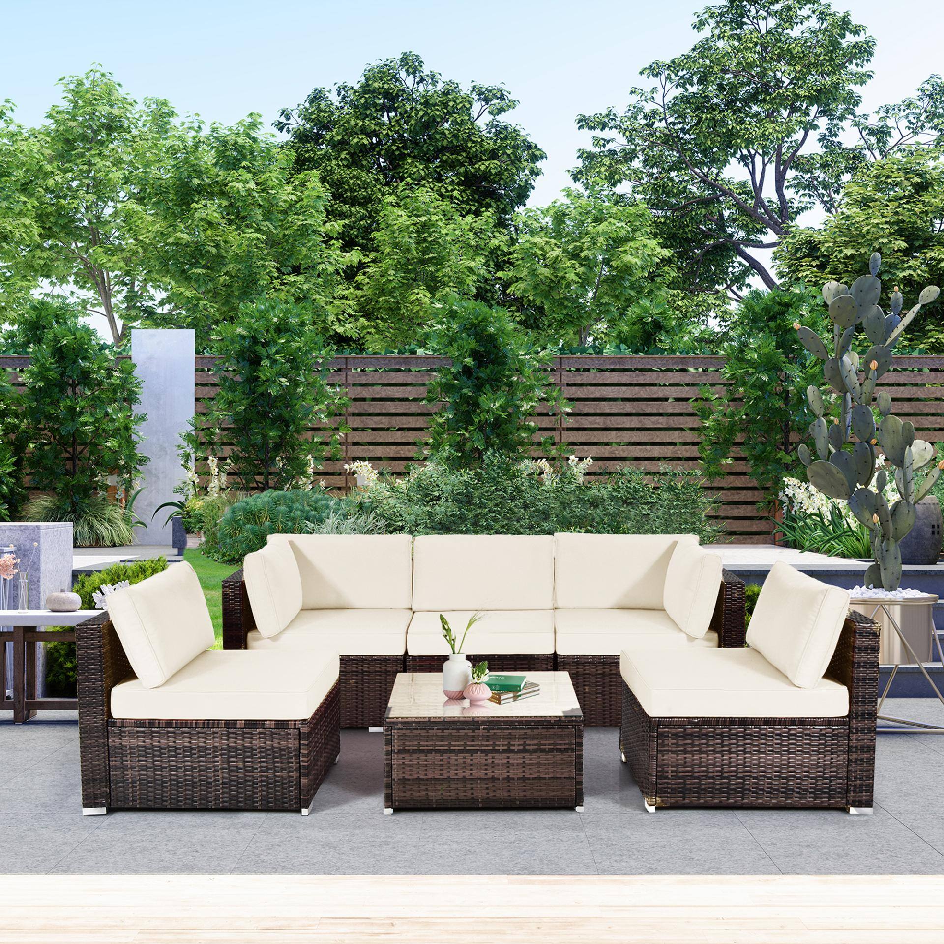 Alt View 3. Gymax - Gymax 6PCS Rattan Outdoor Sectional Sofa Set Patio Furniture Set w/ White Cushions - White.