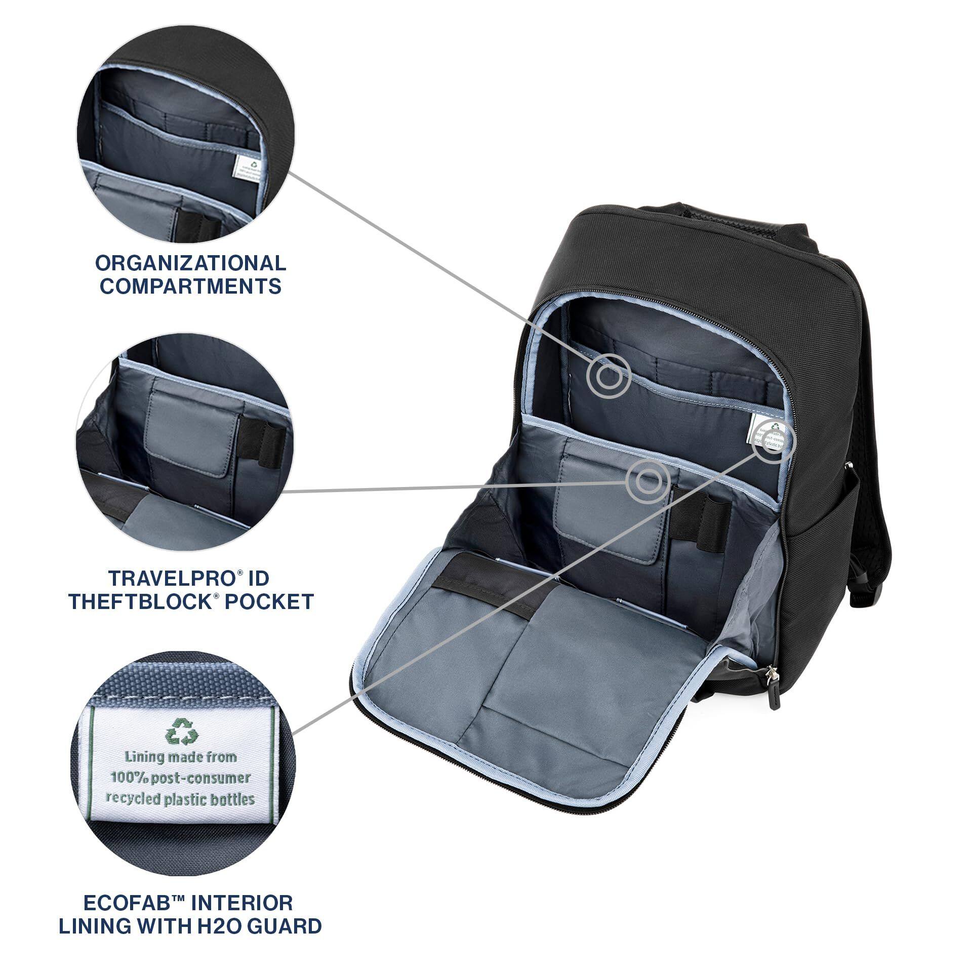 ORGANIZATIONAL COMPARTMENTS  
TRAVELPRO® ID THEFTBLOCK® POCKET  
Lining made from 100% post-consumer recycled plastic bottles  
ECOFAB™ INTERIOR LINING WITH H2O GUARD