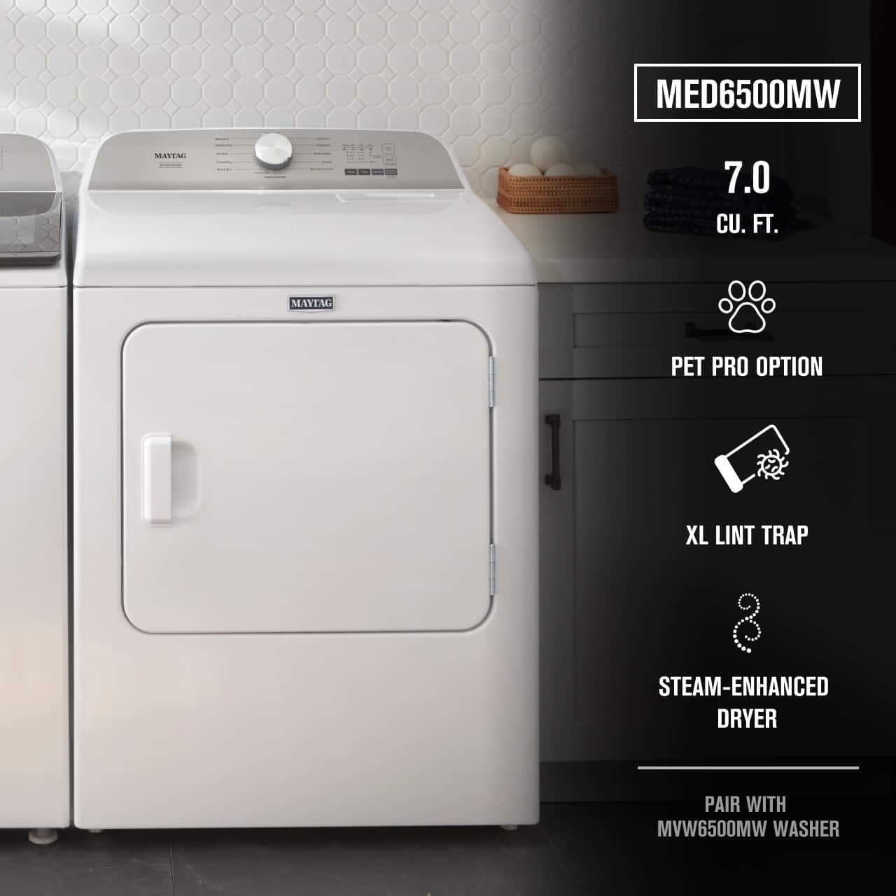 MED6500MW MAVEMI 7.0 CU. FT. MAYTAG PET PRO OPTION XL LINT TRAP STEAM-ENHANCED DRYER PAIR WITH MVW6500MW WASHER