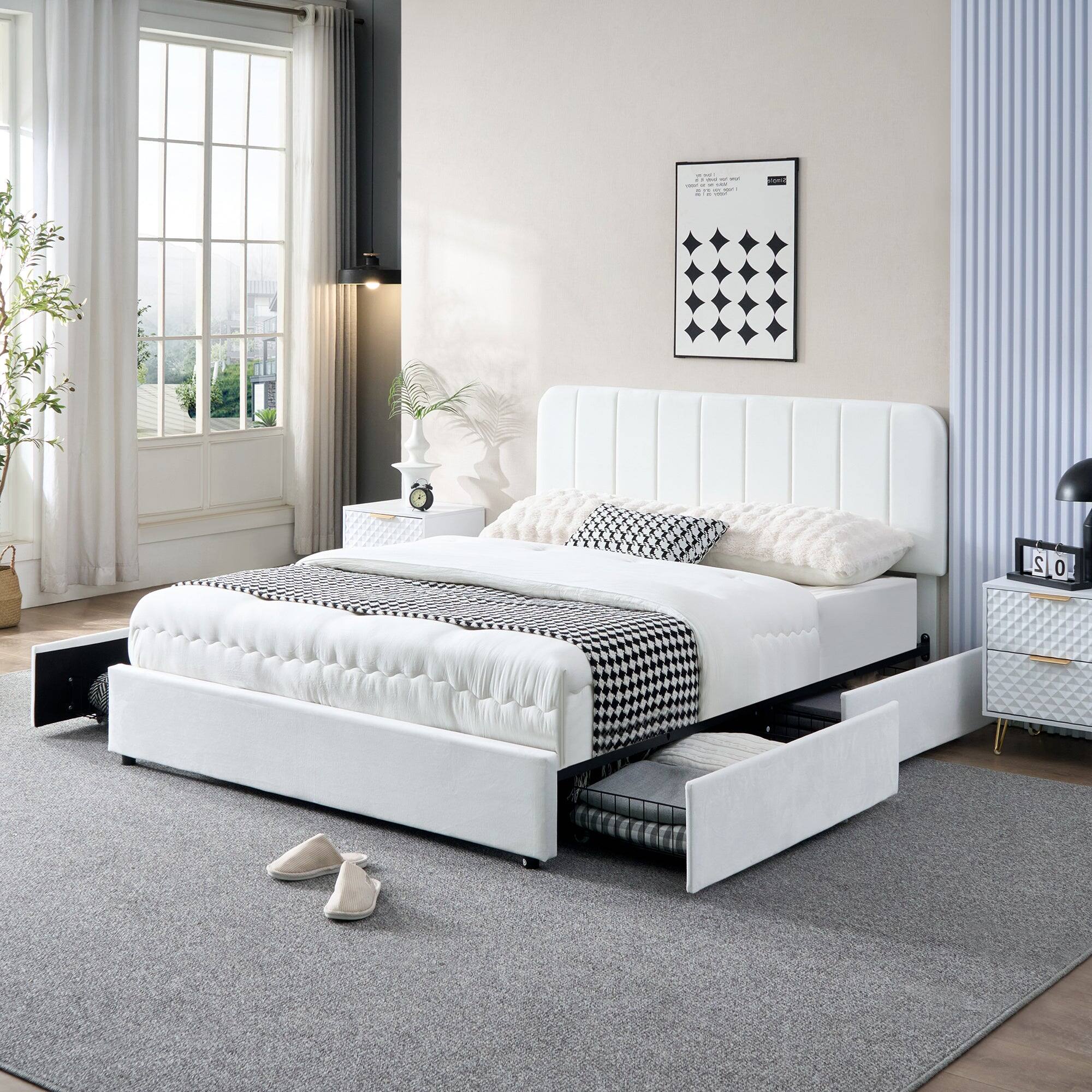 Back. Vecelo - King Size Storage Bed Frame with 4 Drawers - Velvet Upholstered, Adjustable Headboard, 800lb Capacity, Noise Free - White.