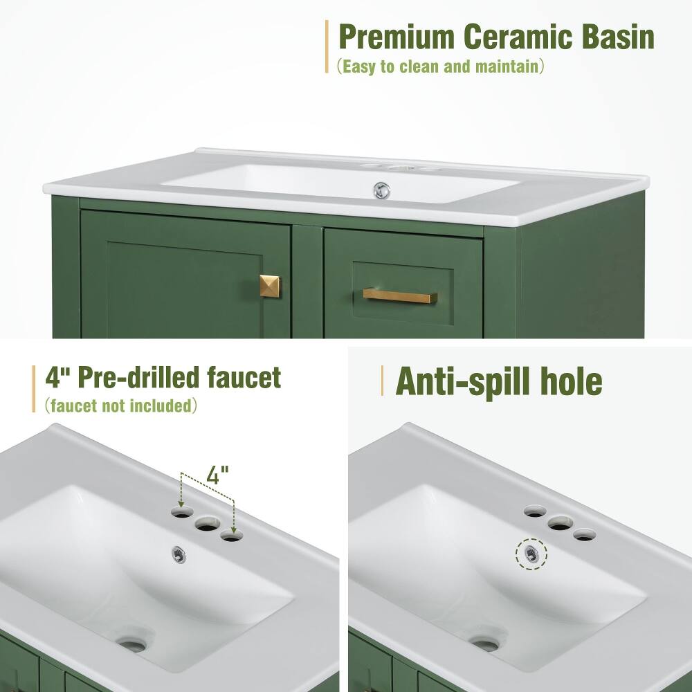 Premium Ceramic Basin (Easy to clean and maintain)

4" Pre-drilled faucet (faucet not included)

Anti-spill hole