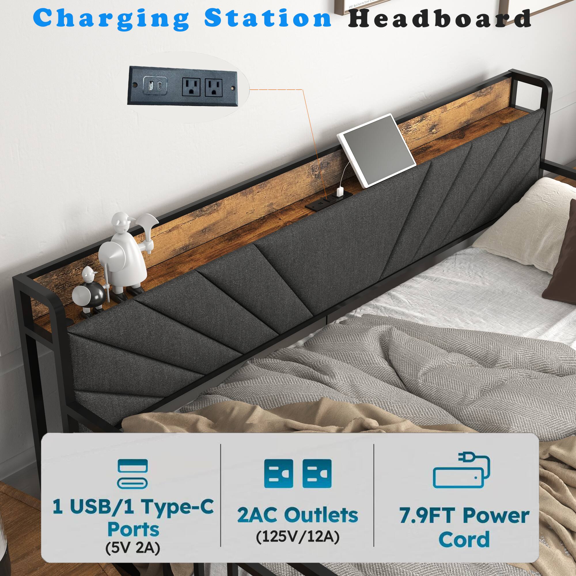 Charging Station Headboard

1 USB/1 Type-C Ports (5V 2A)

2AC Outlets (125V/12A)

7.9FT Power Cord