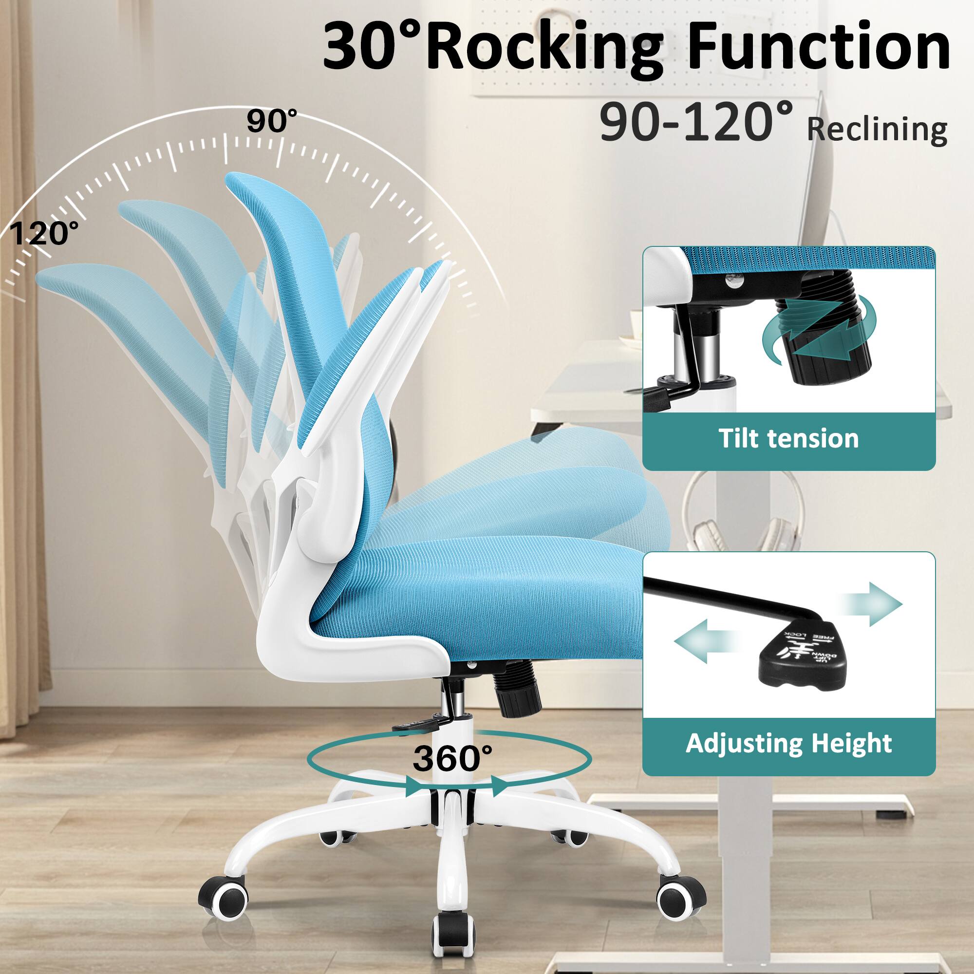 30° Rocking Function  
90-120° Reclining  
Tilt tension  
360° Adjusting Height