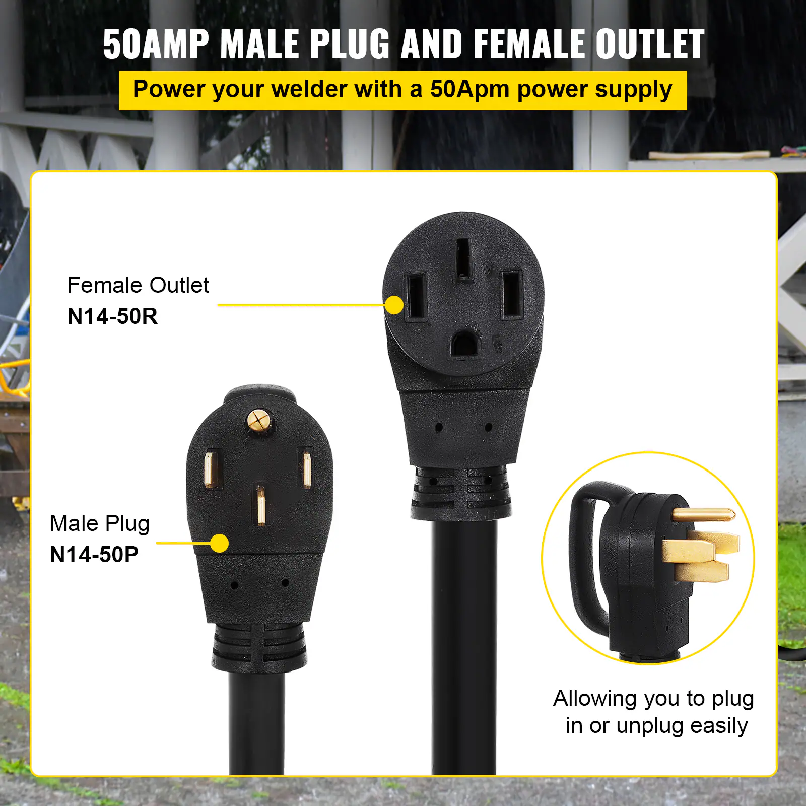 50AMP MALE PLUG AND FEMALE OUTLET

Power your welder with a 50Amp power supply.

Female Outlet: N14-50R
Male Plug: N14-50P

Allowing you to plug in or unplug easily.