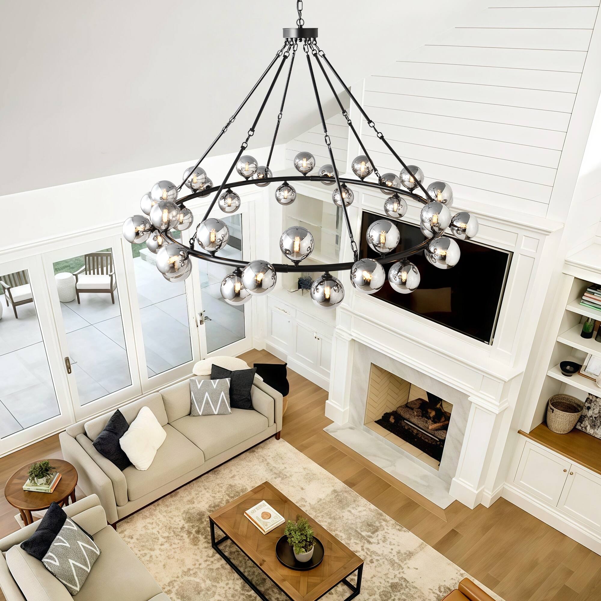 Alt View 1. RYHNUYNE - 59 Inch Dining Room Large Chandeliers for High Ceilings Modern Black 36-Light Light Fixture with Smoky Grey Glass Shades.