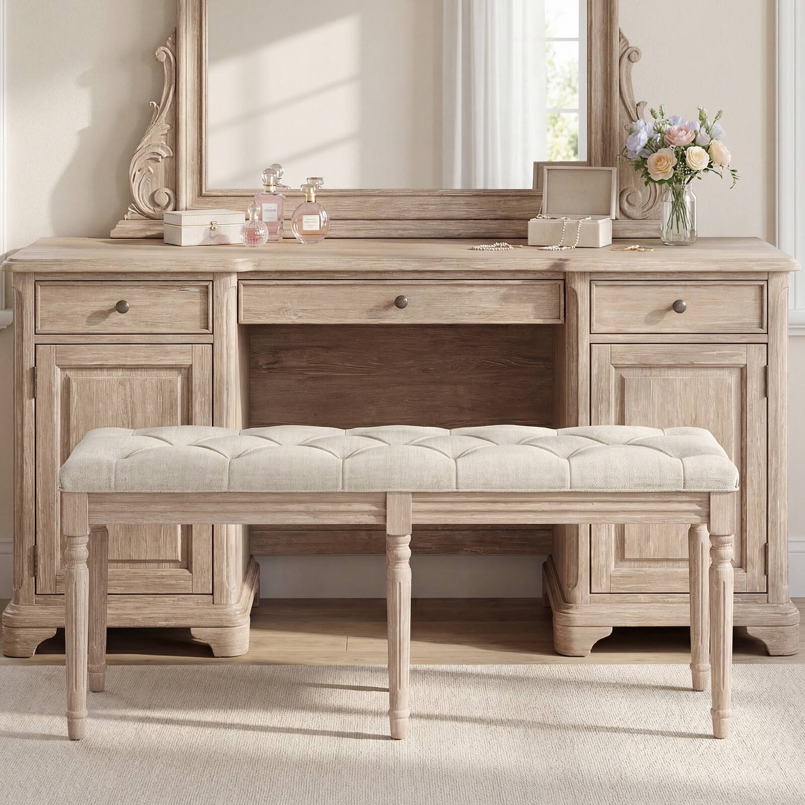 Alt View 5. Costway - Costway 2 PCS 47.5” End of Bed Bench w/Tufted Decoration & Antiqued Legs for Living Room - Beige.