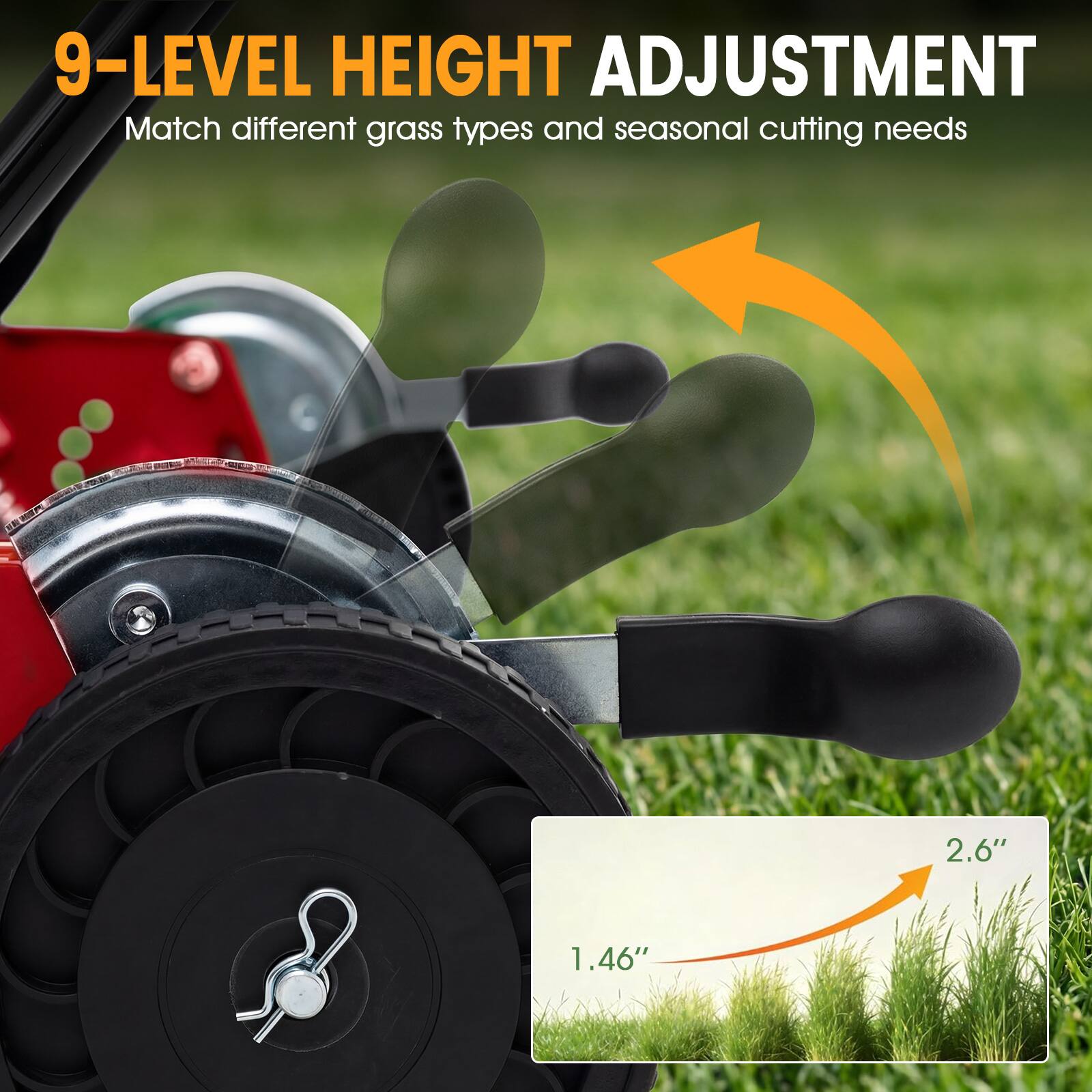 9-LEVEL HEIGHT ADJUSTMENT  
Match different grass types and seasonal cutting needs  

2.6"  
1.46"