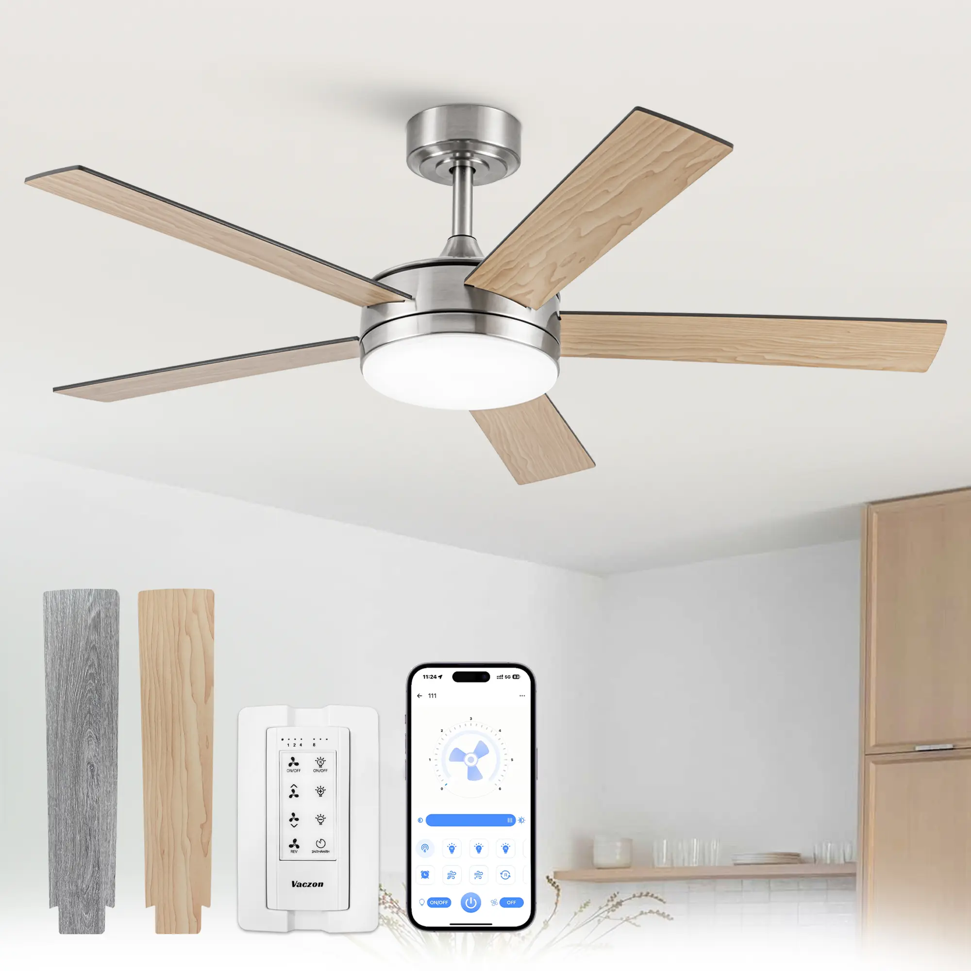 Vaczon - 48" Modern Brushed Reversible 5-blade LED Ceiling Fan with Remote and APP Control - Nickel
