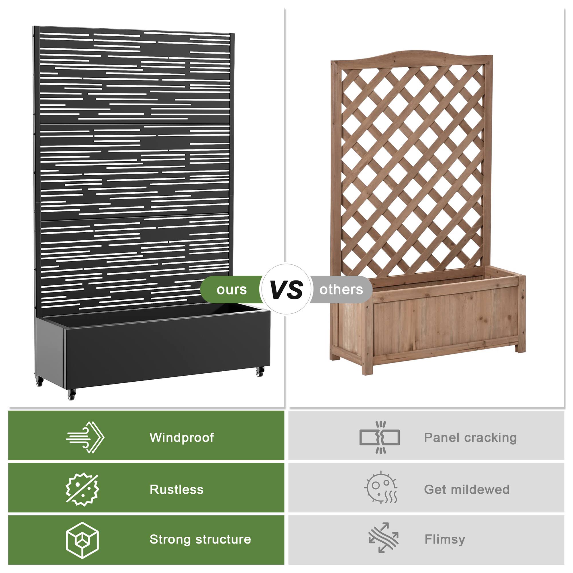 - **Ours:**
  - Windproof
  - Rustless
  - Strong structure

- **Others:**
  - Panel cracking
  - Get mildewed
  - Flimsy