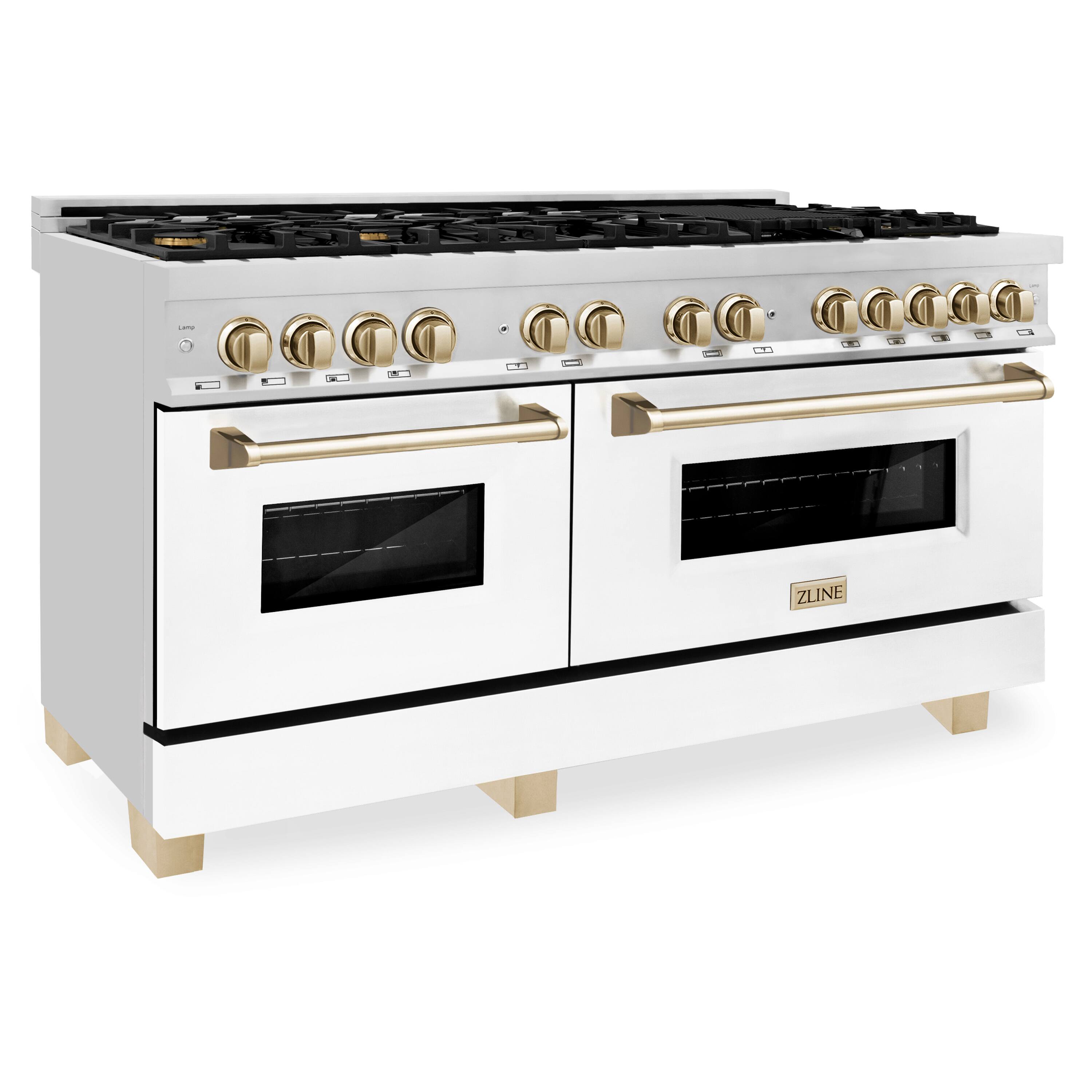 Angle. ZLINE - Autograph 60" Legacy Dual Fuel Range w/ 9 Burners & White & Gold Accents (RAZ-WM-60-G) - Multicolor.