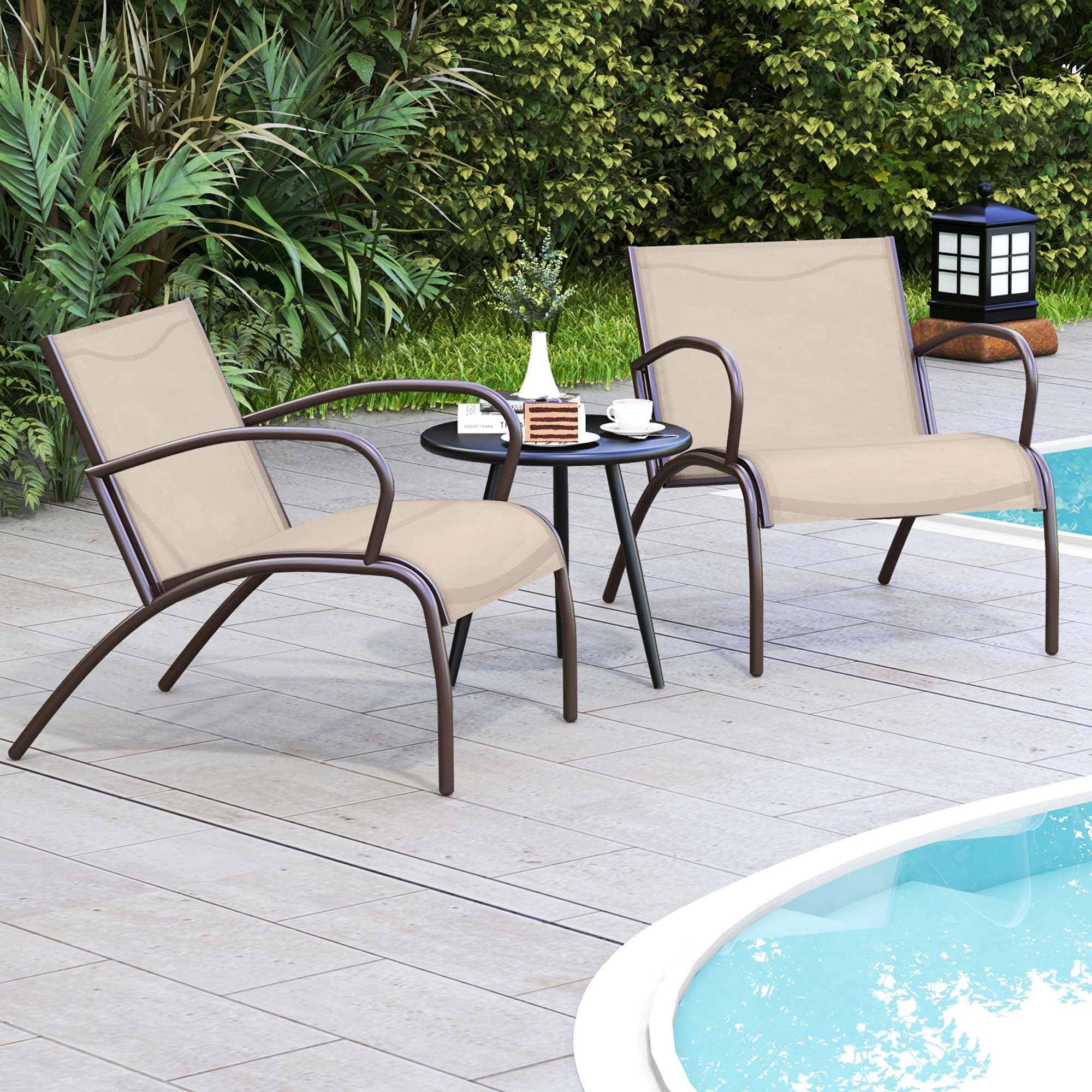 Alt View 3. Gymax - Gymax 3 Piece Patio Chair Set w/ Curved Fabric Seat Round Coffee Table for Backyard - Light Brown.