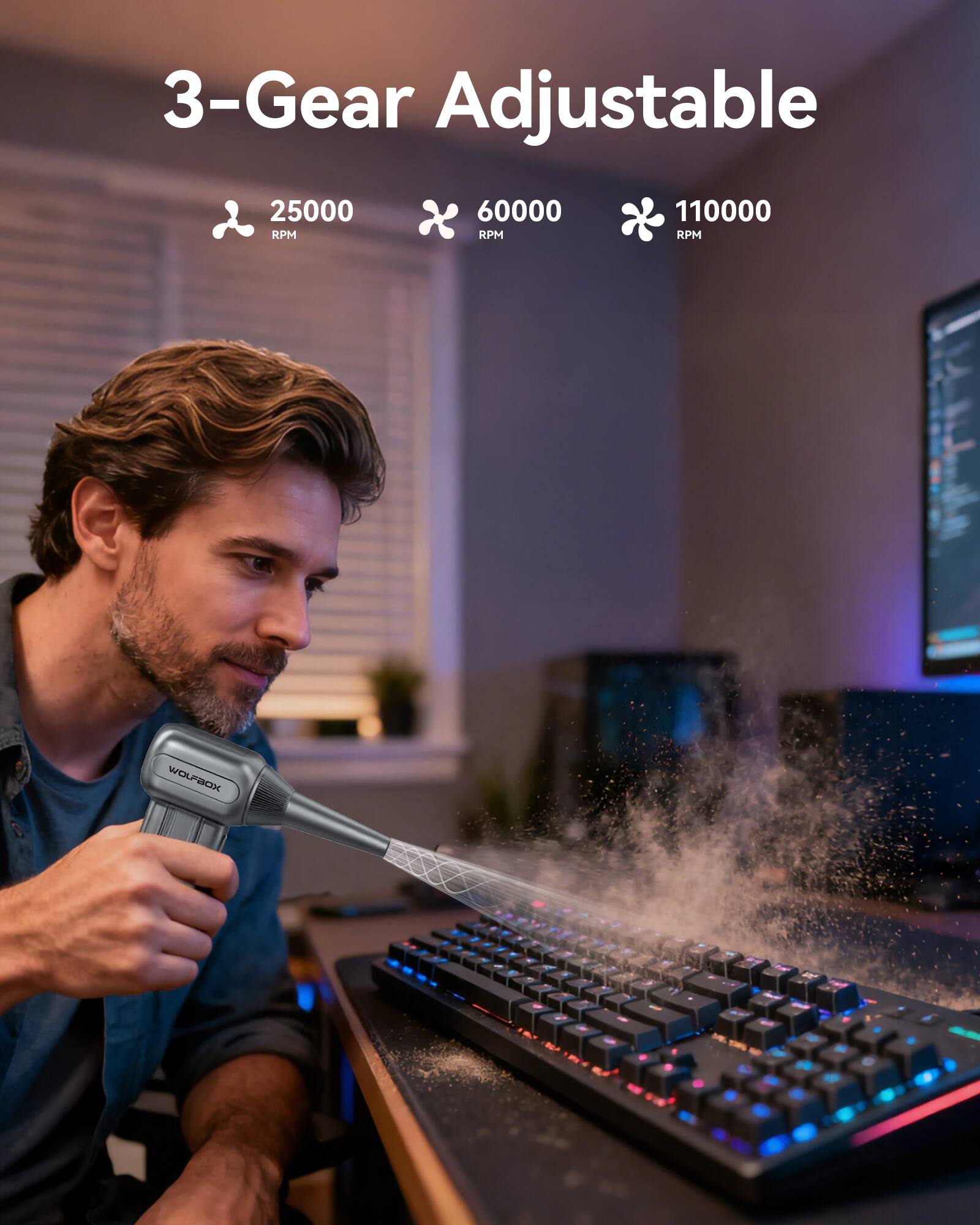 3-Gear Adjustable  
25000 RPM  
60000 RPM  
110000 RPM  
WOLFBOK