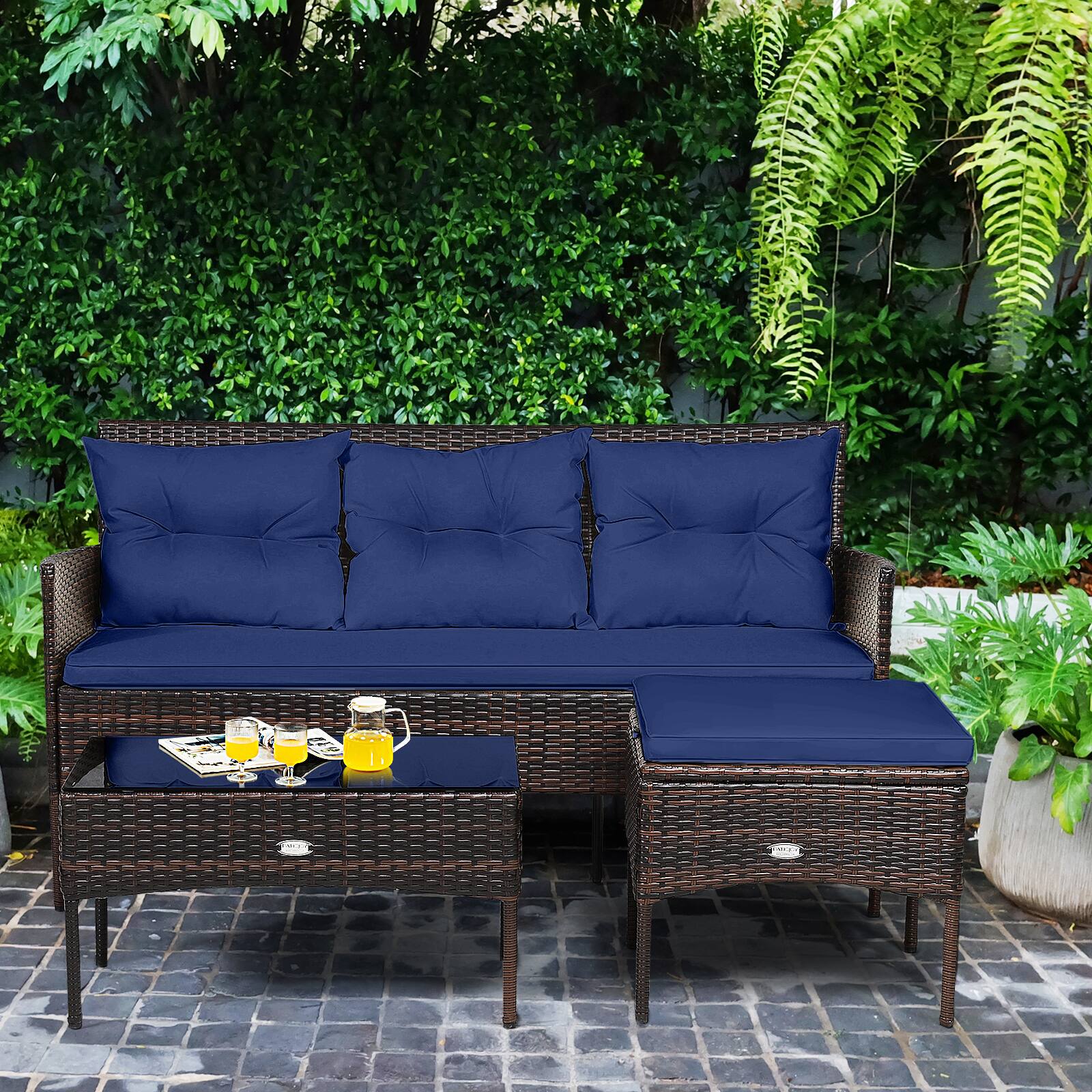Alt View 4. Gymax - Gymax Set of 3 3-Seat Sofa Cushioned Table Rattan Furniture Set Garden Patio Navy - Navy.