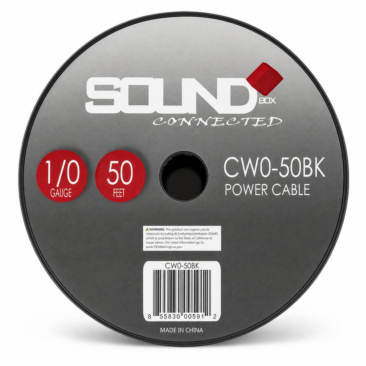 SOUND BOX CONNECTED  
1/0 GAUGE  
50 FEET  
CWO-50BK POWER CABLE  
WARNING: This product can expose you to chemicals including di(2-ethylhexyl)phthalate (DEHP), which is known to the State of California to cause cancer. For more information go to www.P65Warnings.ca.gov.  
CWO-50BK  
8 55830 00591 2  
MADE IN CHINA