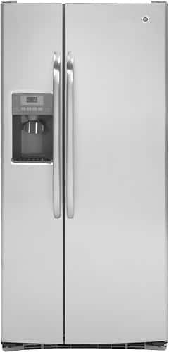 Front Standard. GE - 23.1 Cu. Ft. Side-by-Side Refrigerator with Thru-the-Door Ice and Water - Stainless-Steel.