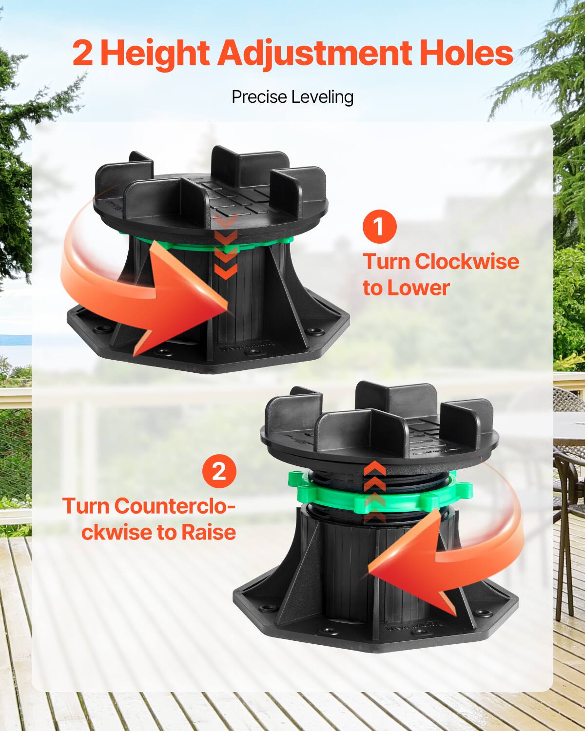 2 Height Adjustment Holes
Precise Leveling
1 Turn Clockwise to Lower
2 Turn Counterclockwise to Raise