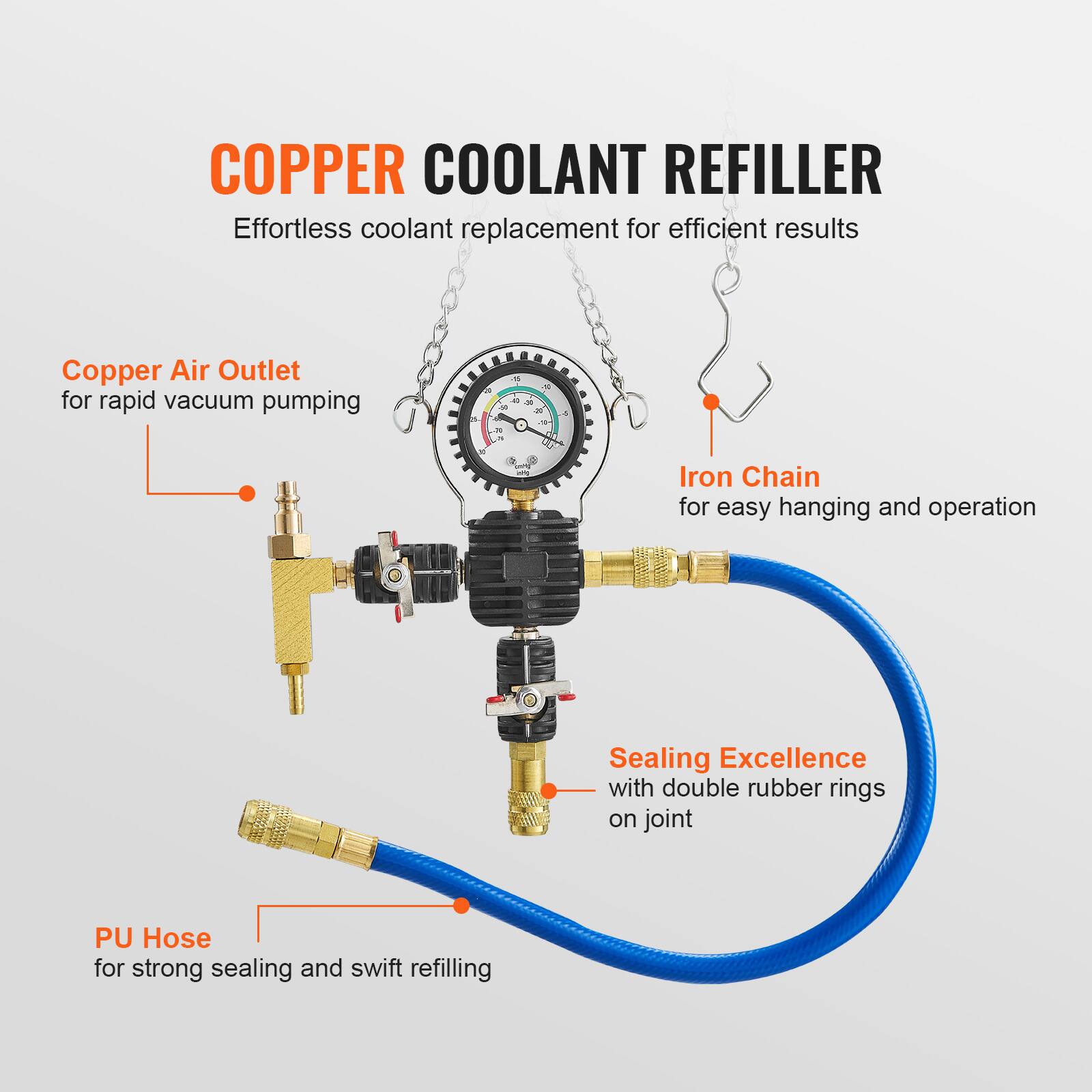 COPPER COOLANT REFILLER  
Effortless coolant replacement for efficient results

- Copper Air Outlet for rapid vacuum pumping
- Iron Chain for easy hanging and operation
- Sealing Excellence with double rubber rings on joint
- PU Hose for strong sealing and swift refilling