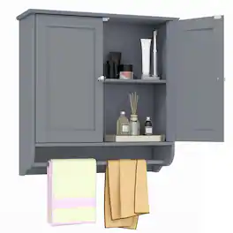 Costway - Wall Mounted Bathroom Medicine Cabinet Storage Cupboard with Towel Bar Grey - Gray