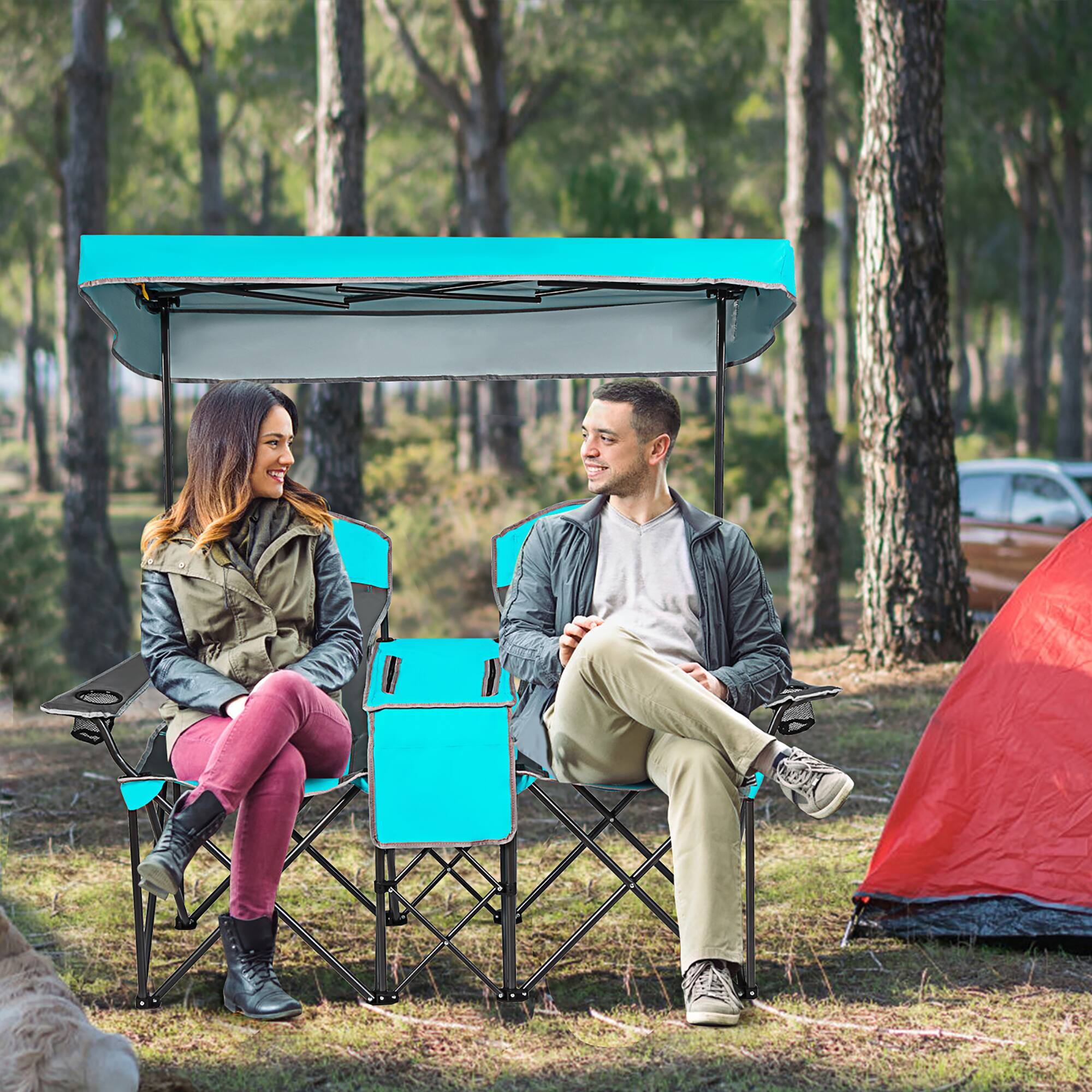 Alt View 1. Costway - Costway Portable Folding Camping Canopy Chairs w/ Cup Holder Cooler Outdoor - Turquoise.